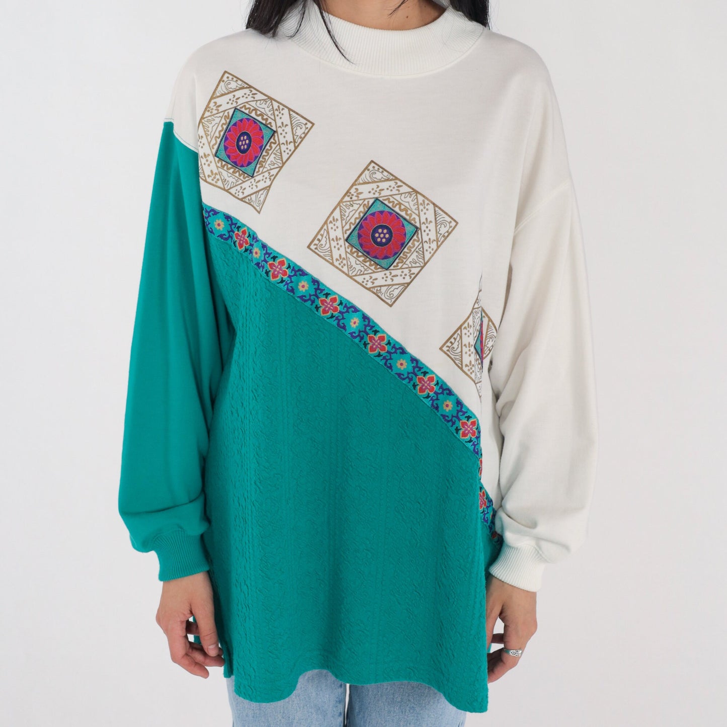 90s Floral Tile Print Color Block Long Sleeve Tee White Green Extra Large 1X