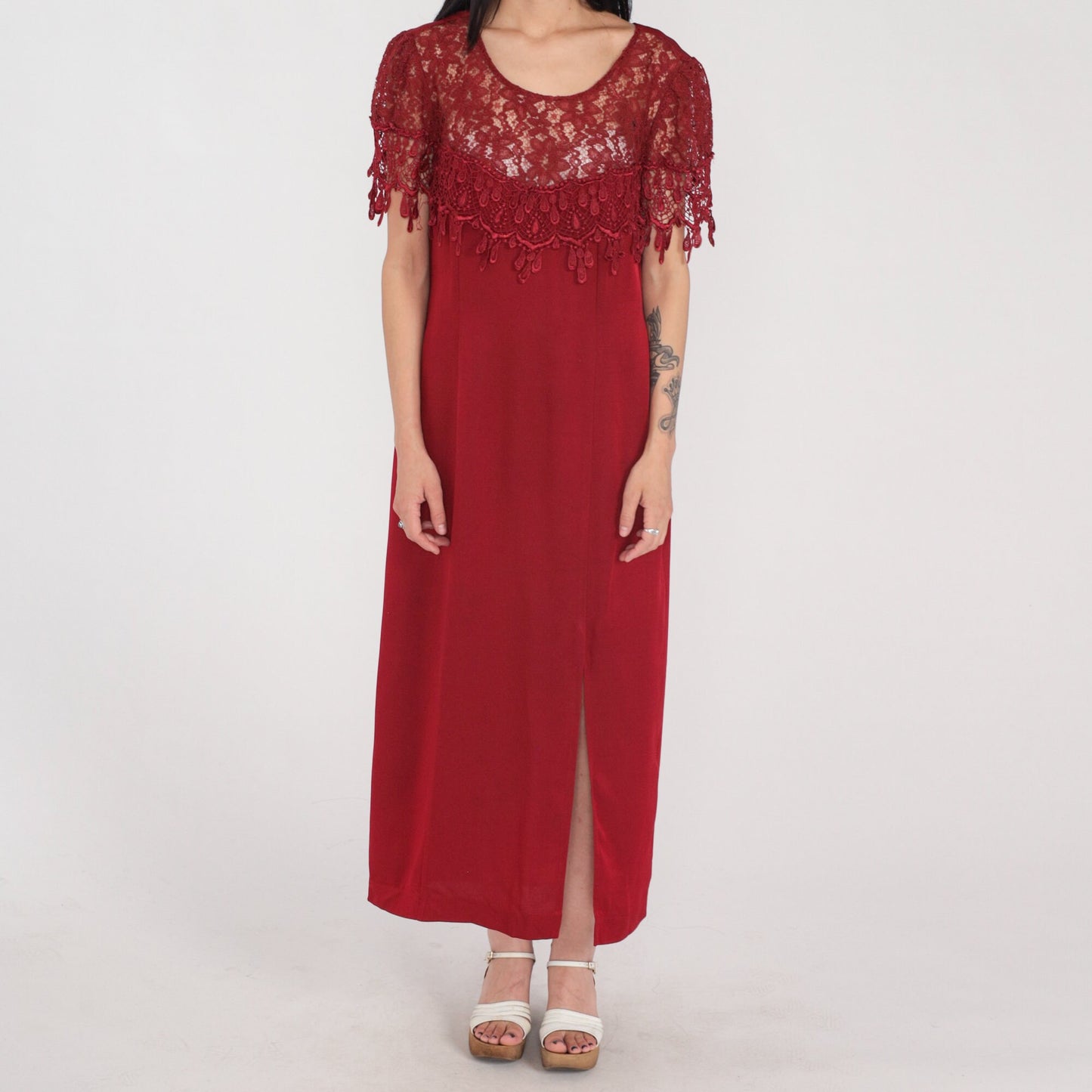 90s Red Lace Illusion Midi Dress Front Slit Short Sleeve Medium