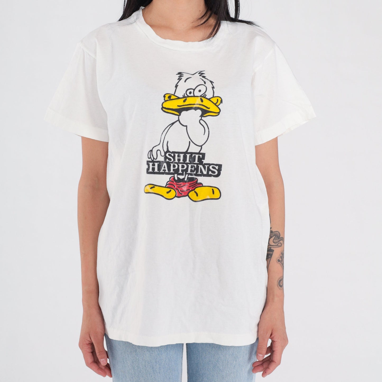 90s Shit Happens Duck Graphic T-Shirt White Single Stitch Medium M