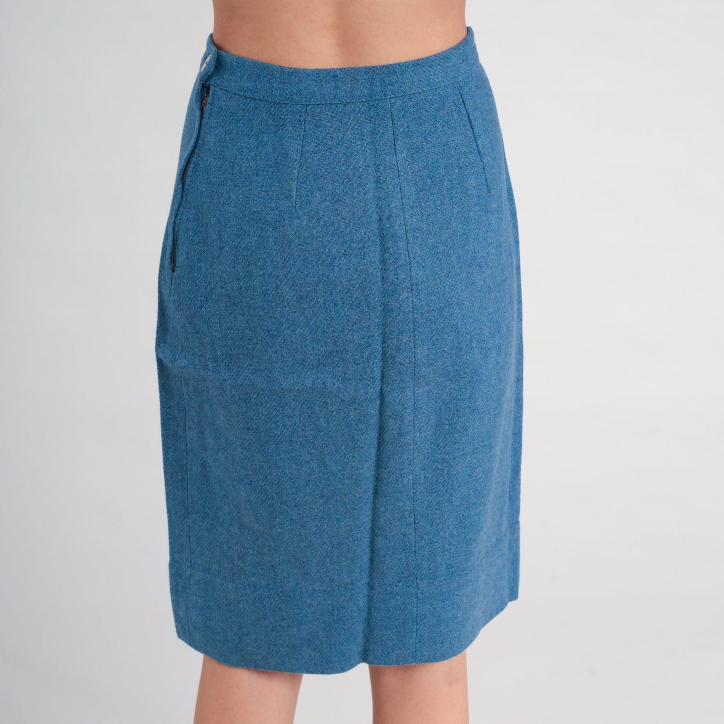 60s Blue Wool Pencil Skirt High Waisted Midi Small