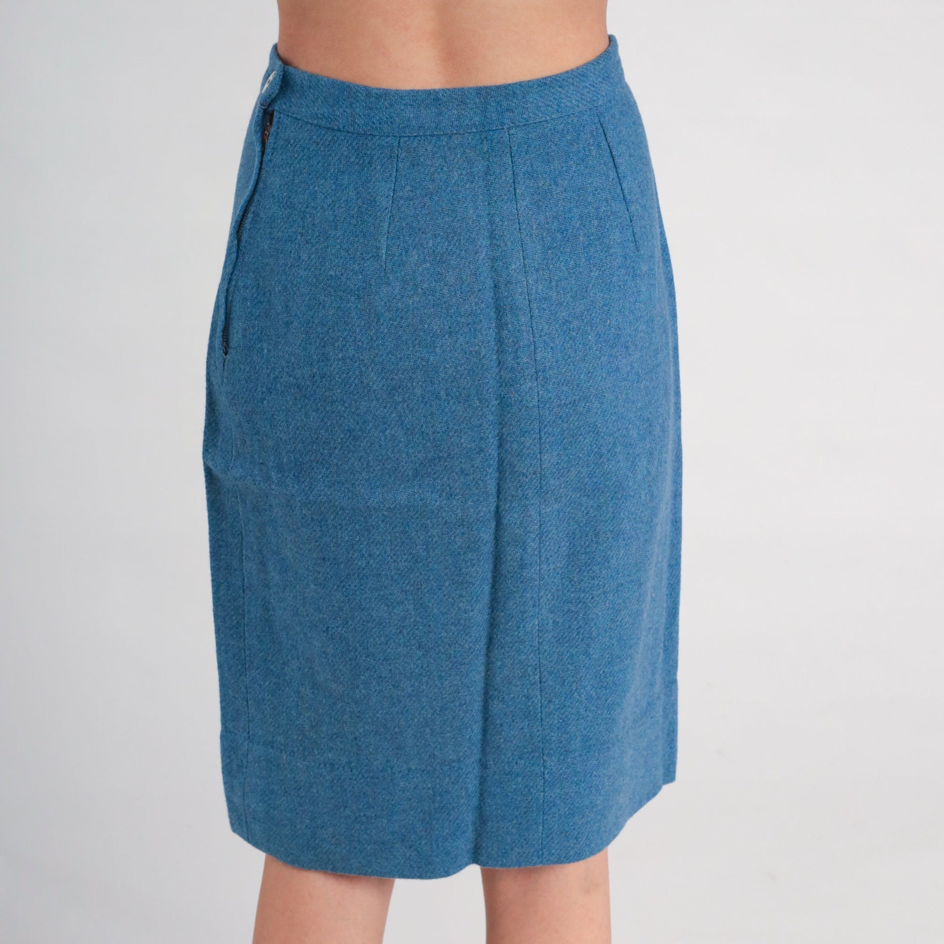 60s Blue Wool Pencil Skirt High Waisted Midi Small