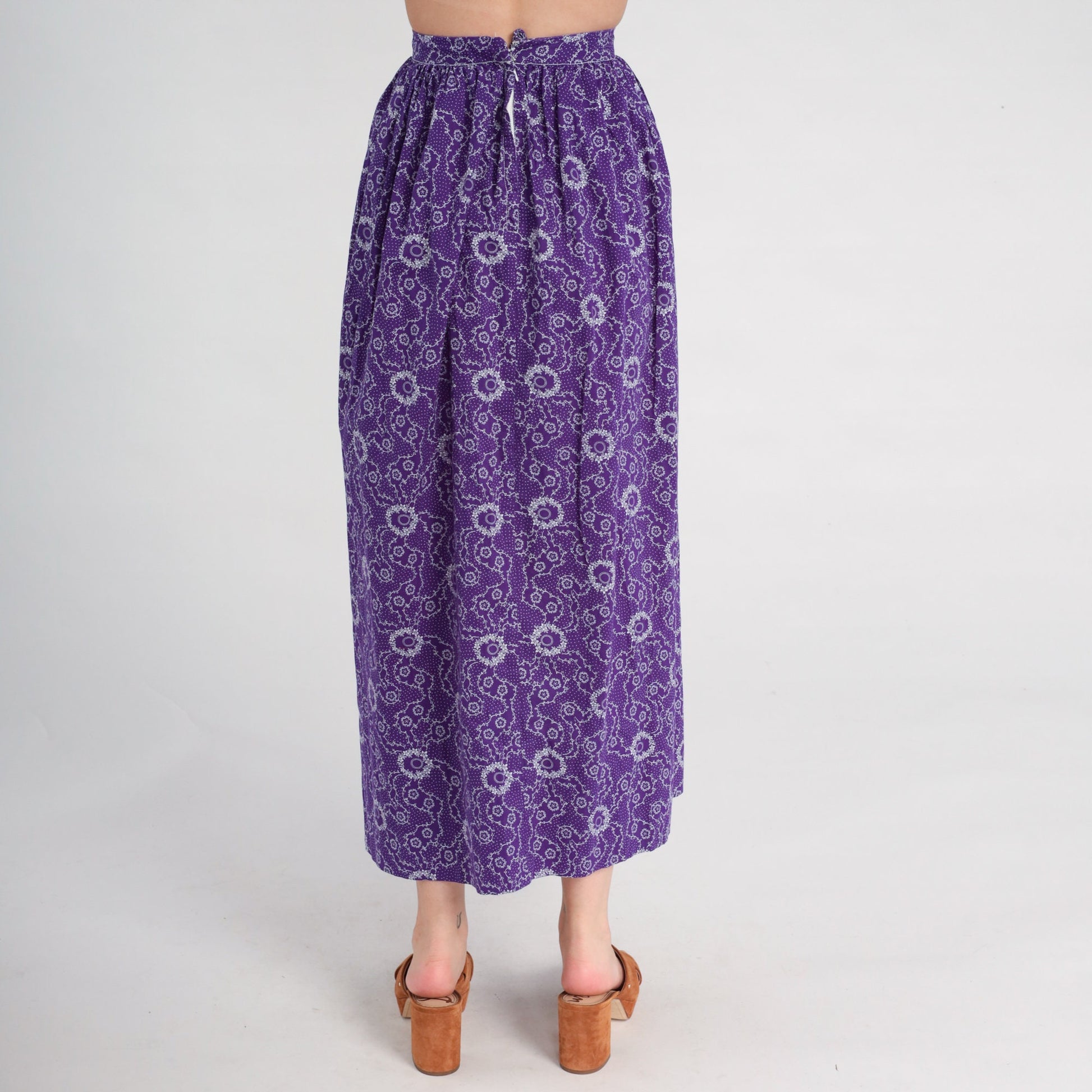 70s Floral Midi Skirt Purple High Waisted Flower Print Ankle Length XXS