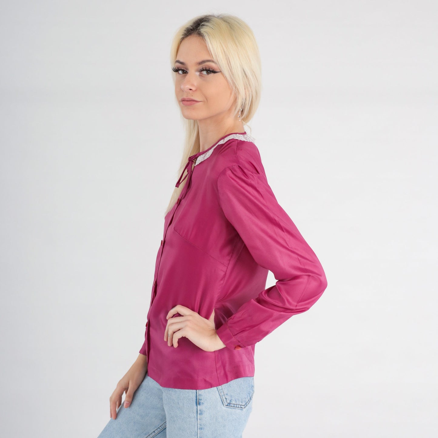 80s Raspberry Pink Puff Sleeve Button-Up Blouse Lace Collar Small