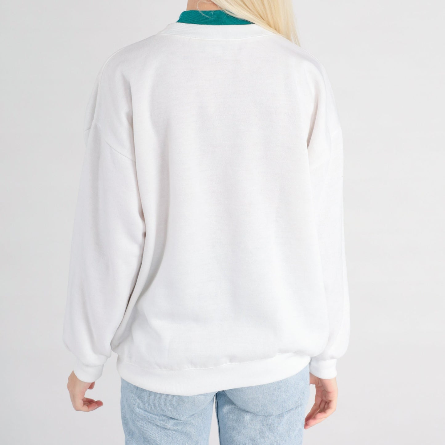 80s Bunny Rabbit Metallic Sweatshirt White Teal Graphic Crewneck Large