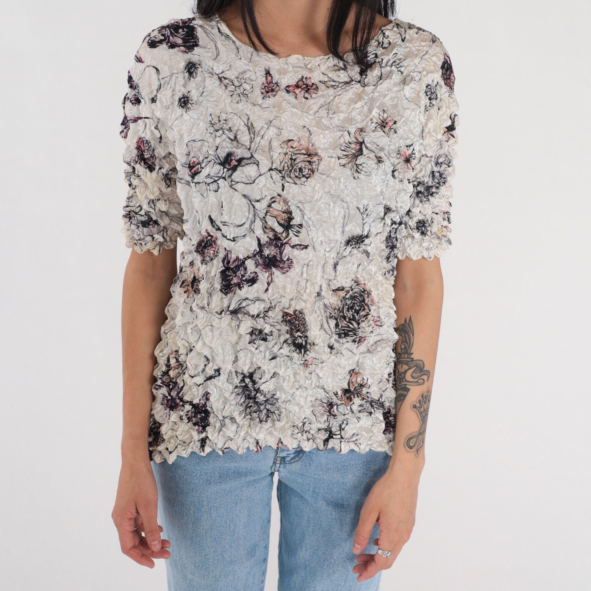 90s Floral Popcorn Texture Blouse Short Sleeve Stretchy Rose Print Small
