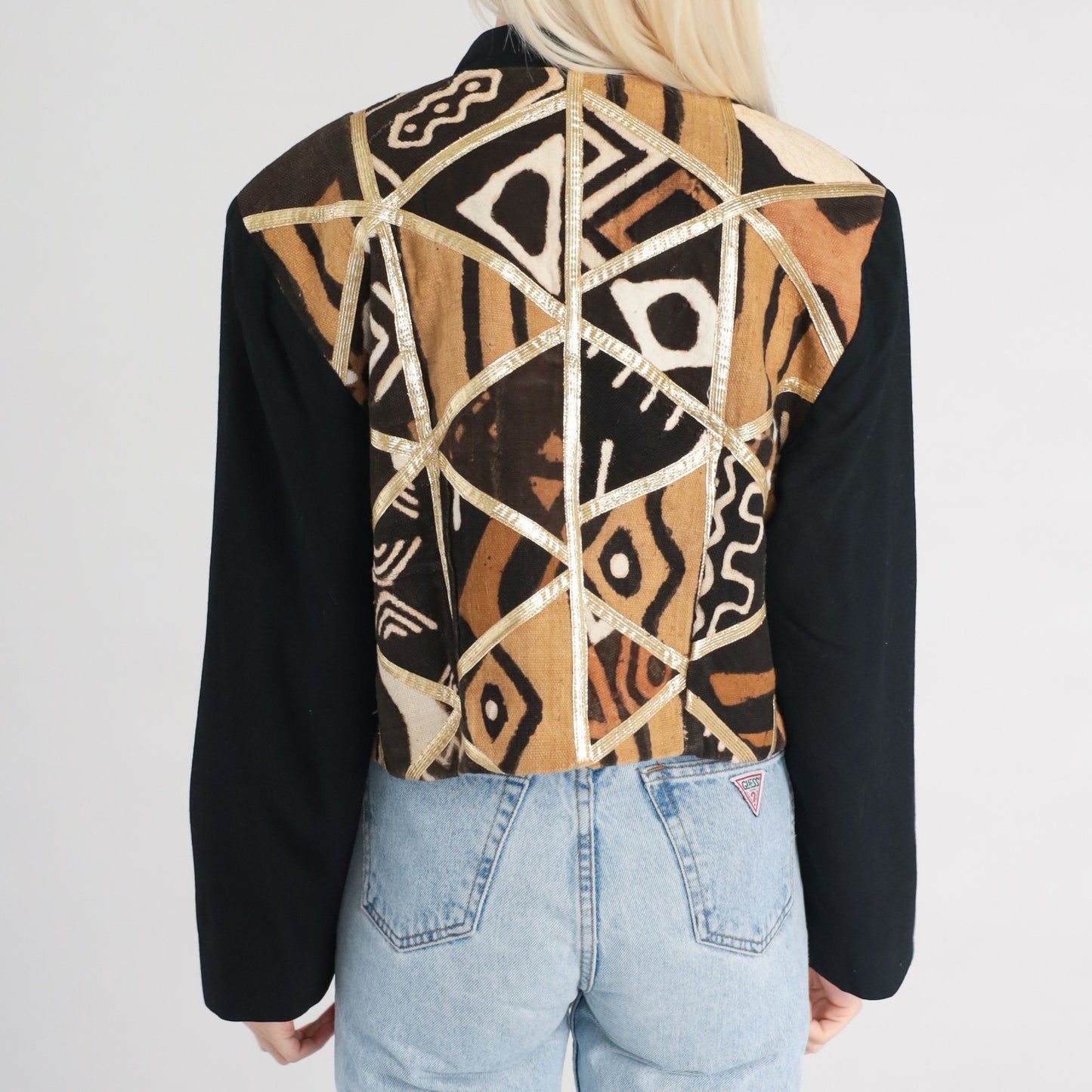 90s Cropped Safari Jacket Patchwork Geometric Black Brown Gold Trim Medium