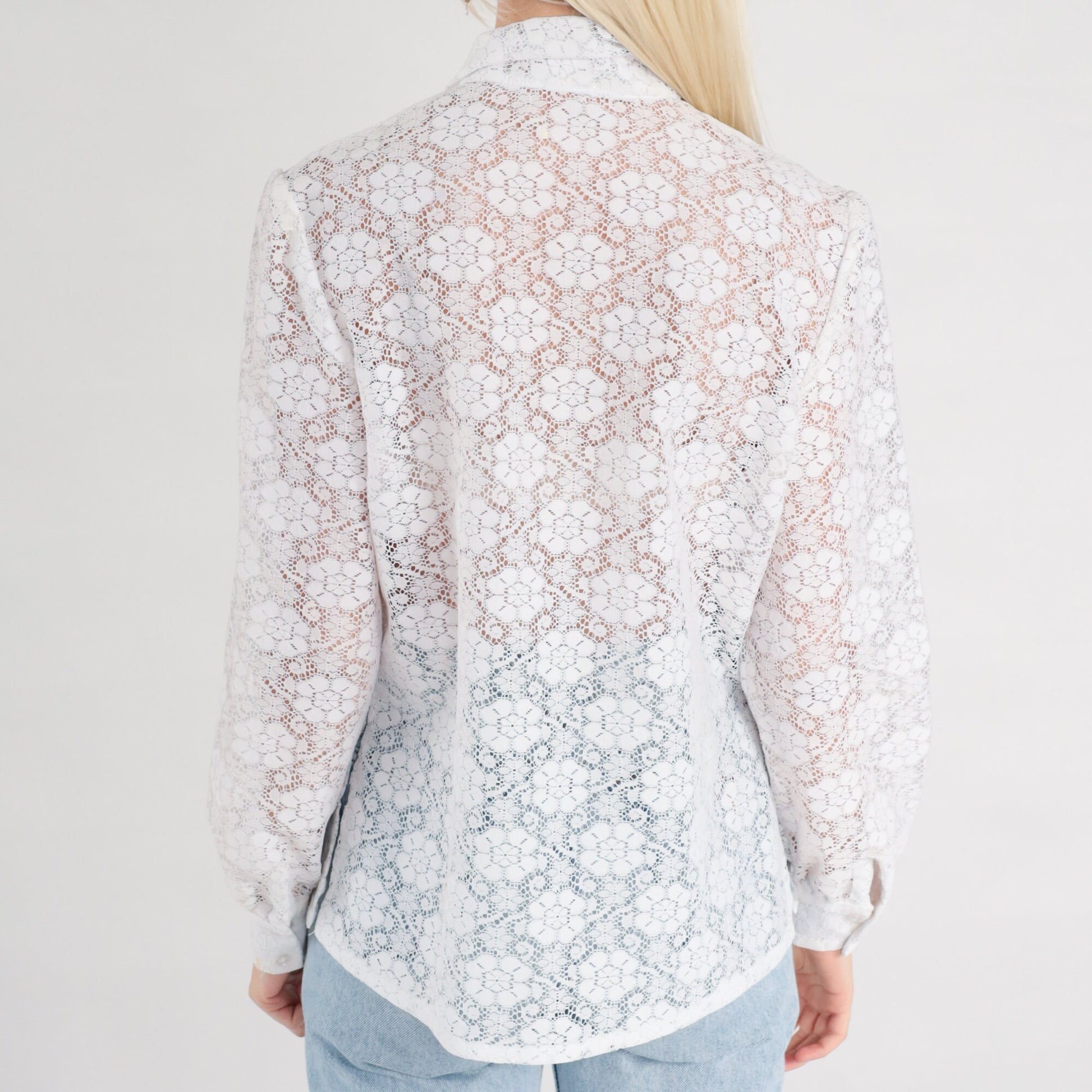 70s White Lace Jabot Blouse Long Sleeve Button Up Tuxedo Shirt Medium