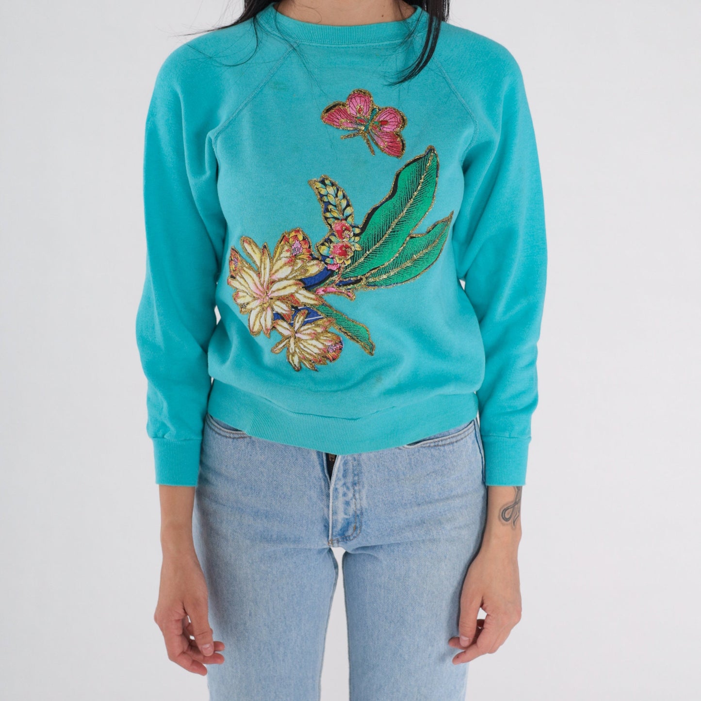 90s Glitter Floral Butterfly Sweatshirt Teal Blue Raglan Graphic XS