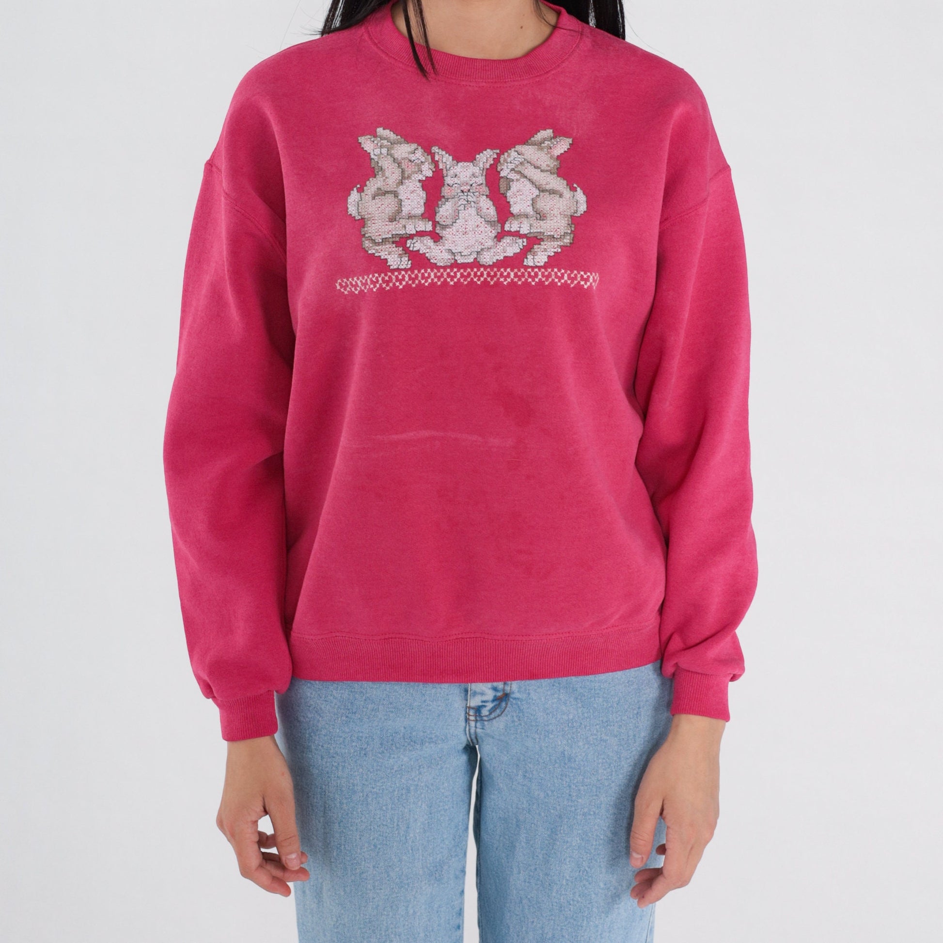 90s Bunny Cross Stitch Sweatshirt Faded Red Crewneck Pullover Medium M