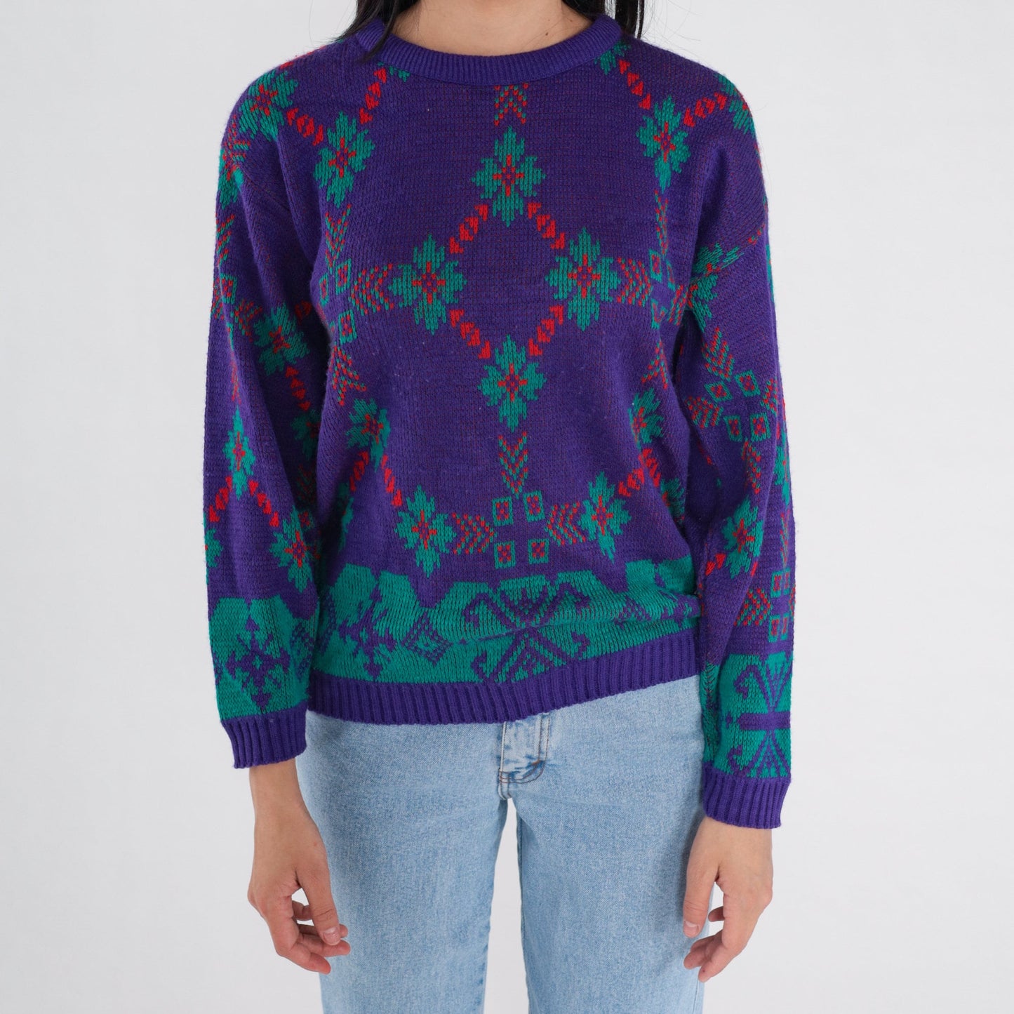 90s Purple Snowflake Knit Sweater Geometric Crewneck Pullover Medium M