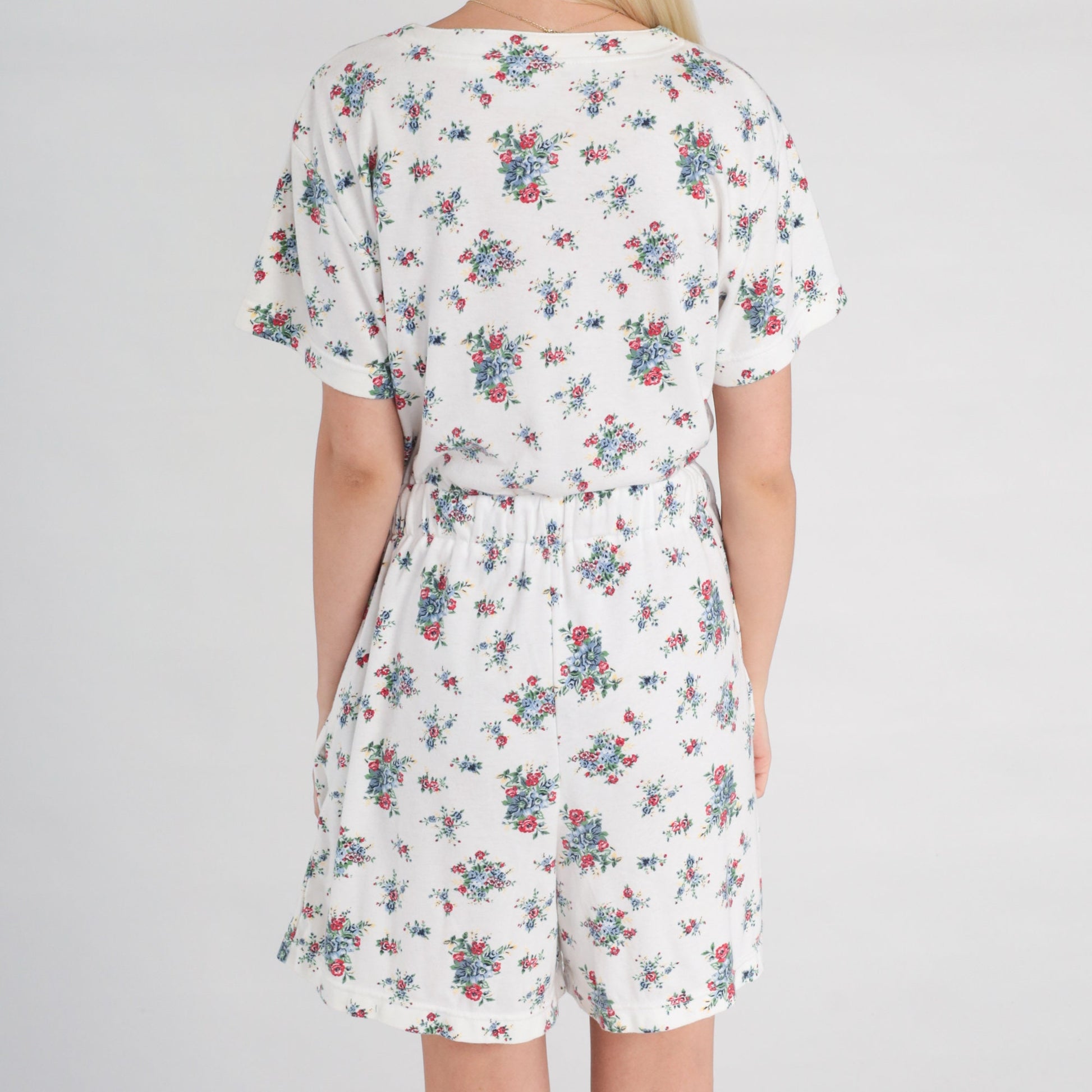 90s White Floral Romper Button-Up Short Sleeve Wide Leg Playsuit Small