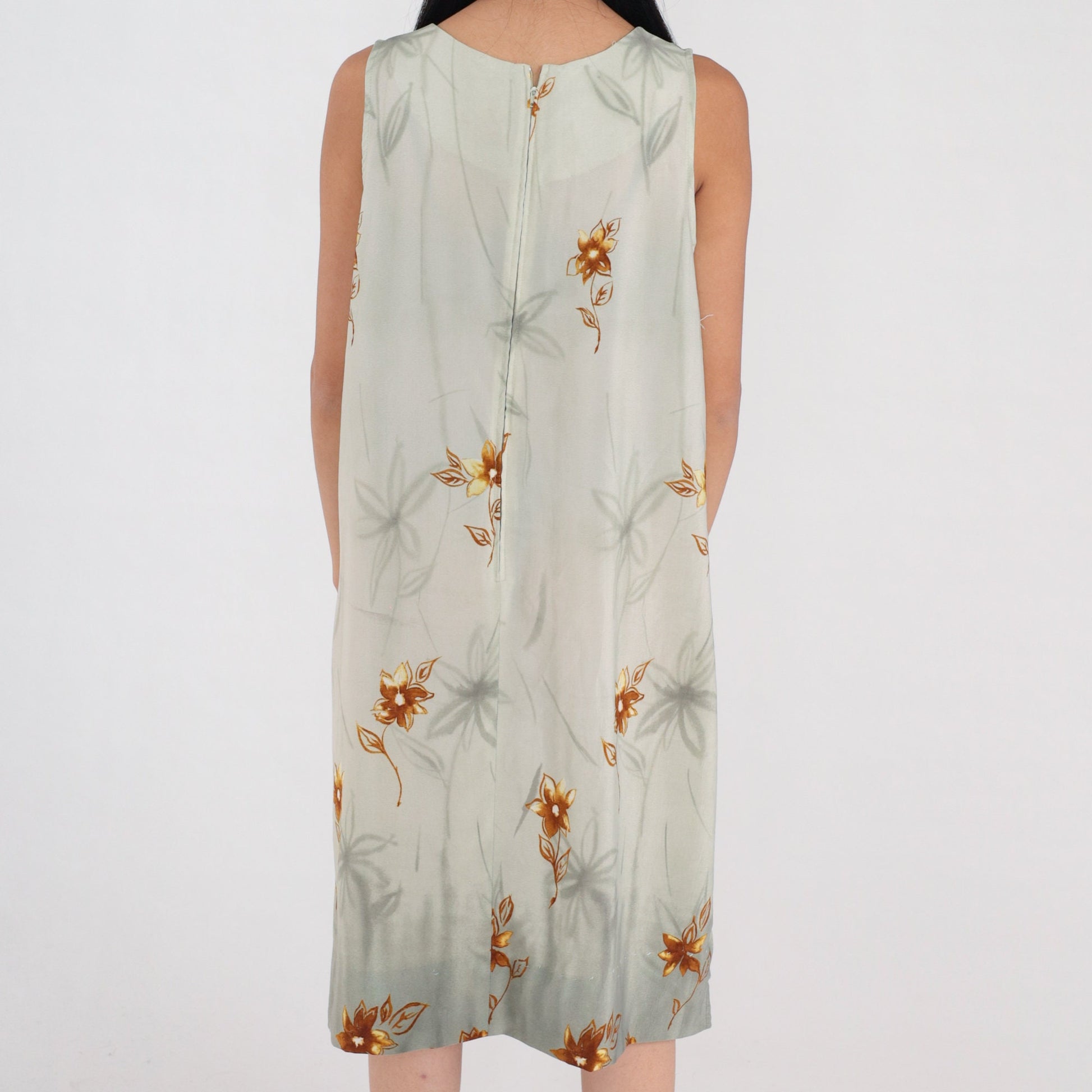 90s Green Floral Semi-Sheer Sundress Knee-Length Sleeveless Large L