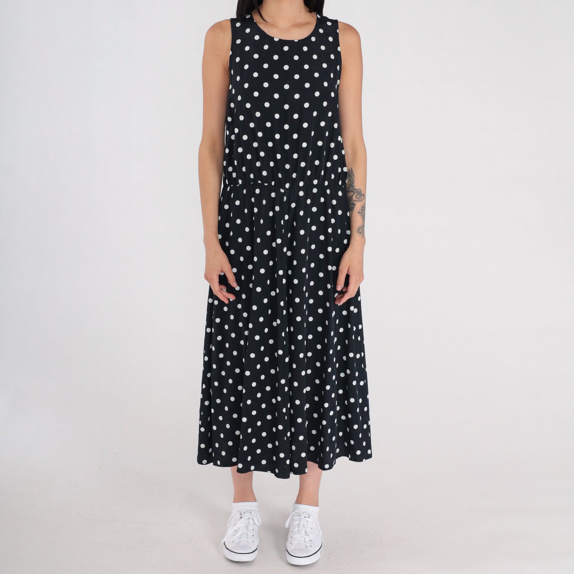 90s My Michelle Polka Dot Midi Dress Black White Sleeveless Medium