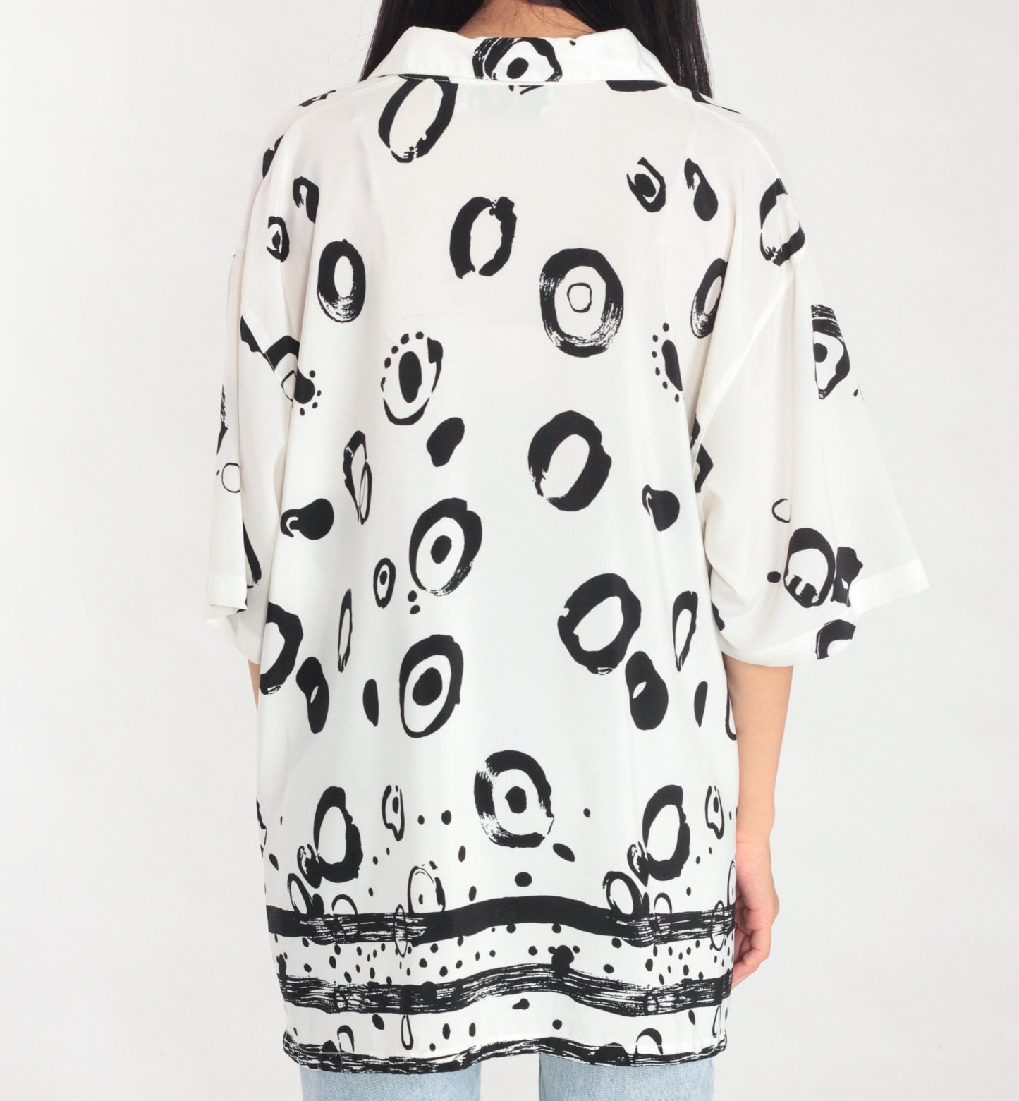 90s Abstract Ring Print Button-Up Blouse White Black Short Sleeve Extra Large