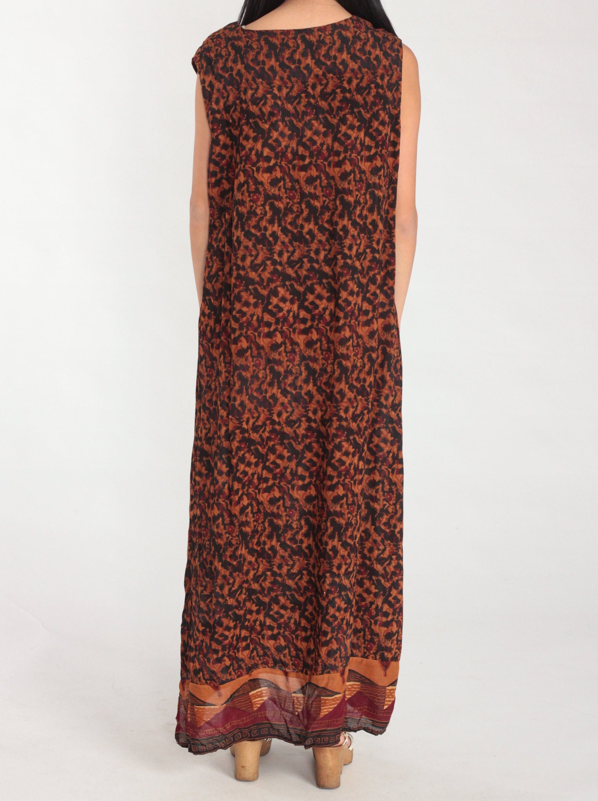 90s Karin Stevens Maxi Dress Sleeveless Orange Black Abstract Animal Print Large