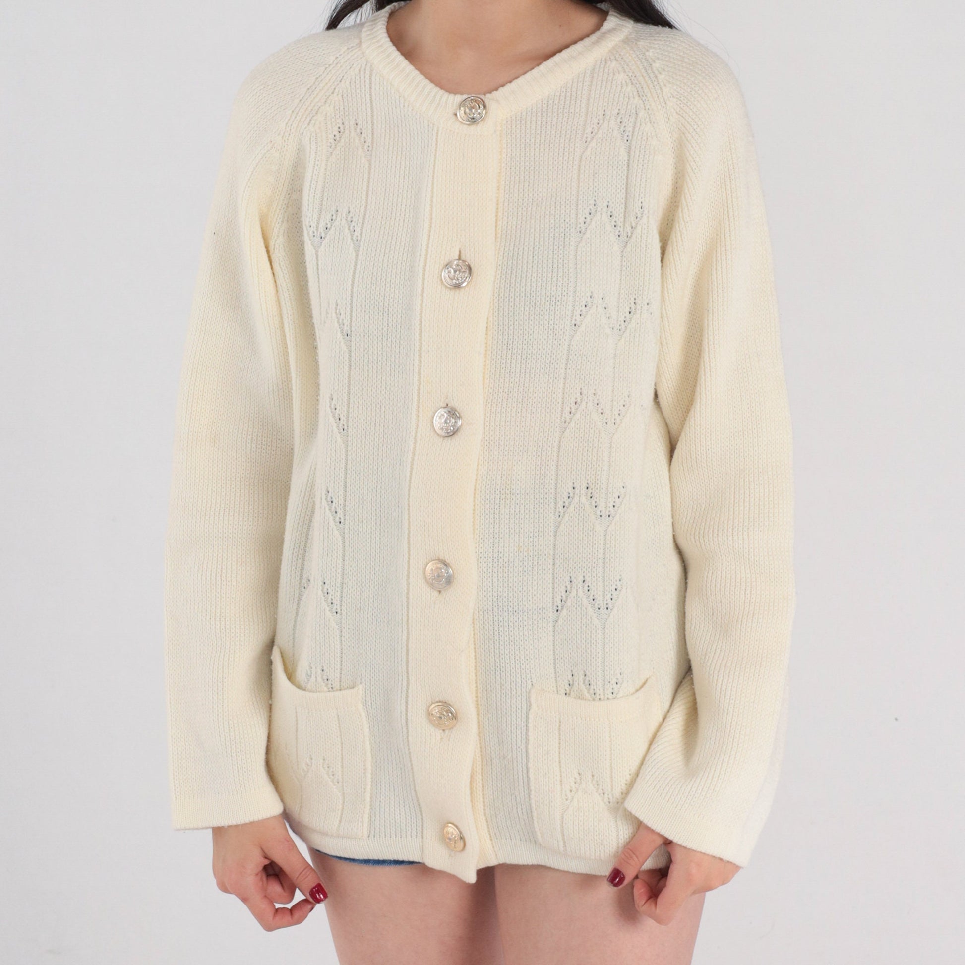 80s Off-White Pointelle Cardigan Silver Button Knit Sweater Medium Large