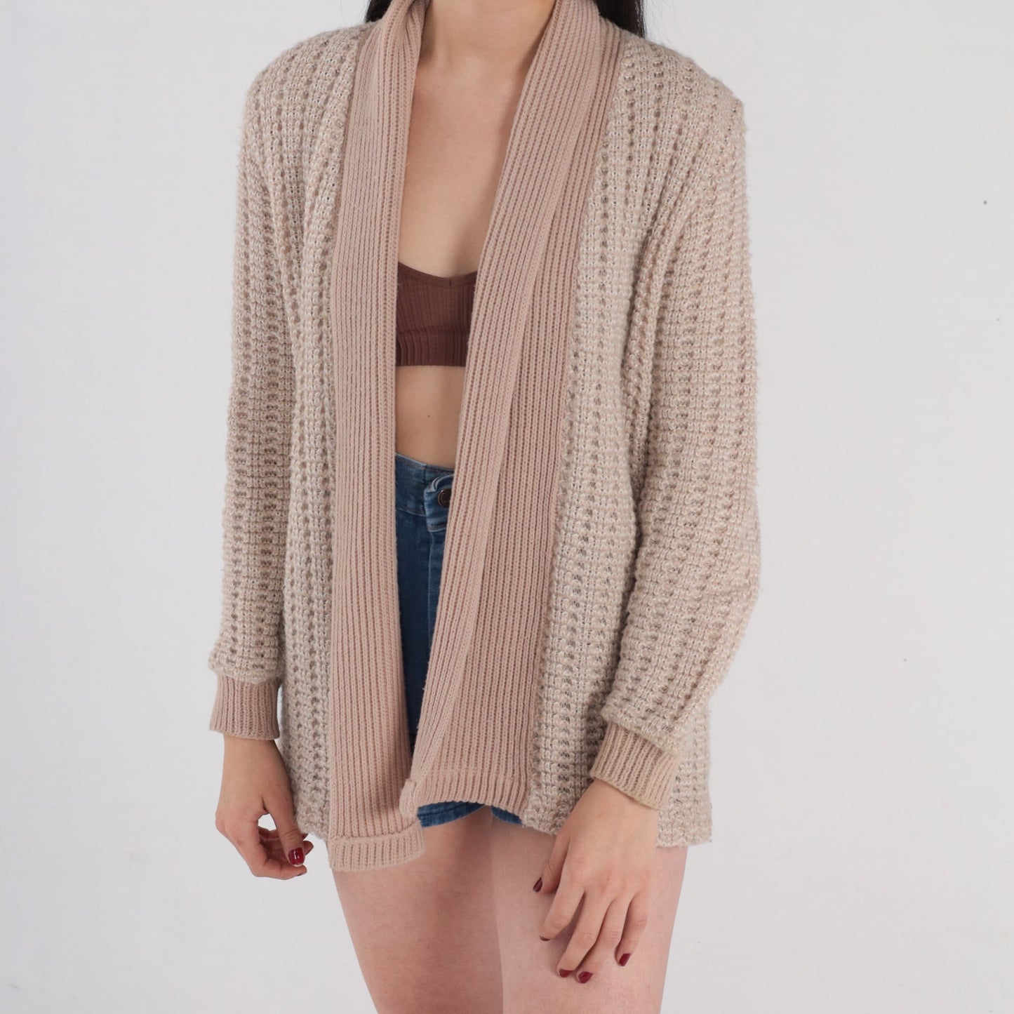 70s Light Brown Knit Cardigan Open Front Sweater Small S