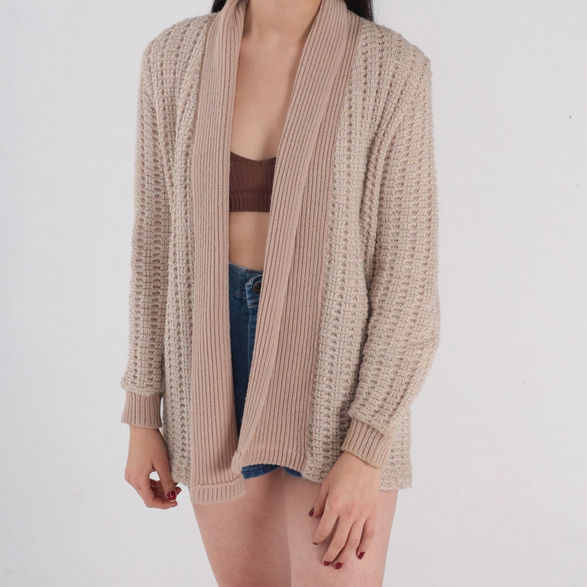 70s Light Brown Knit Cardigan Open Front Sweater Small S