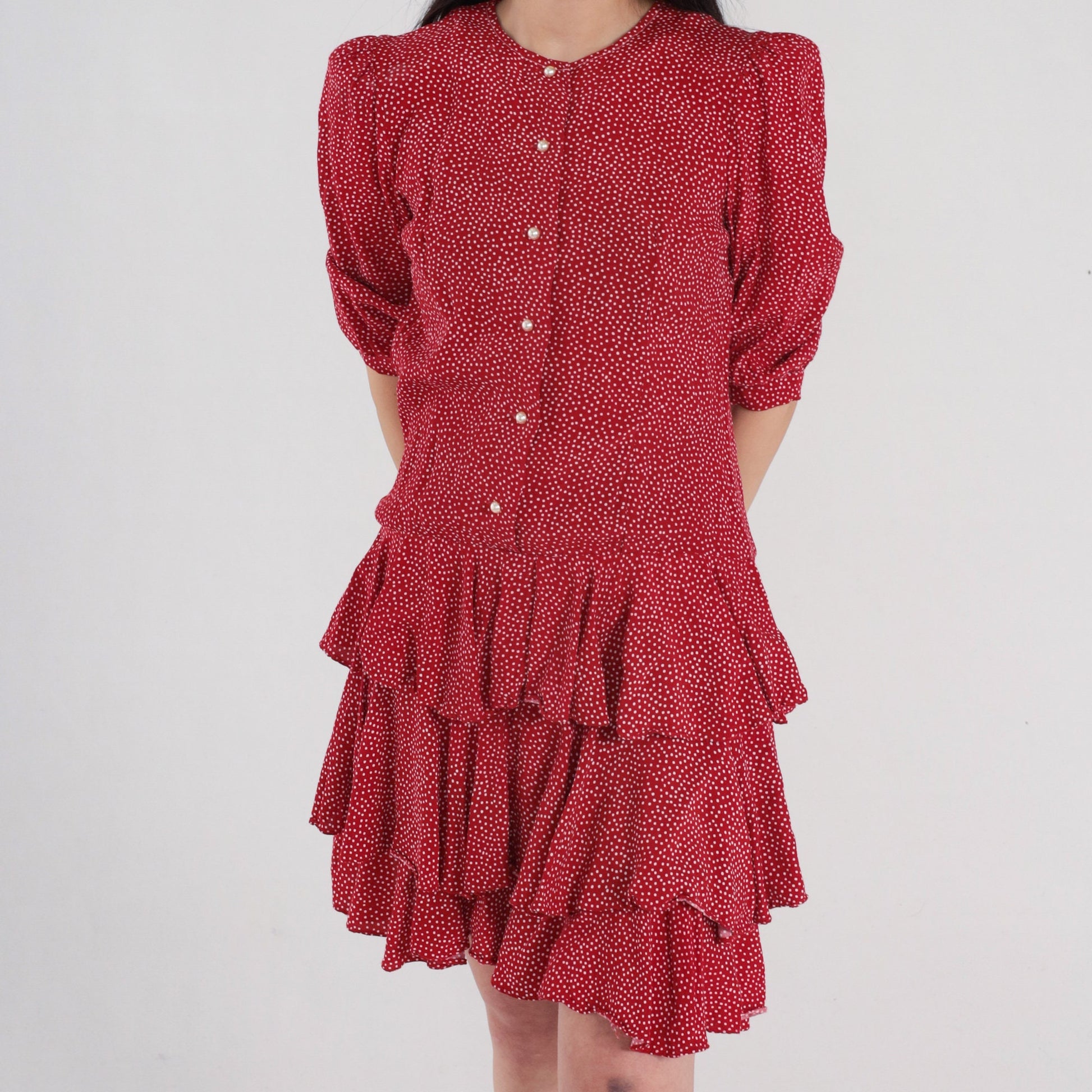 90s Red Polka Dot Mini Dress Puff Sleeve Pearl Button Drop Waist Small S