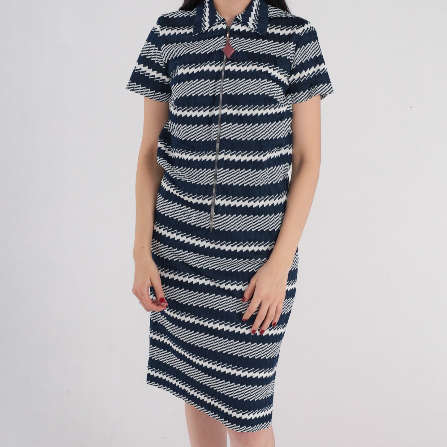 1960s Mod Dress Navy Blue White Geometric Striped Zip Front Knee Length Small