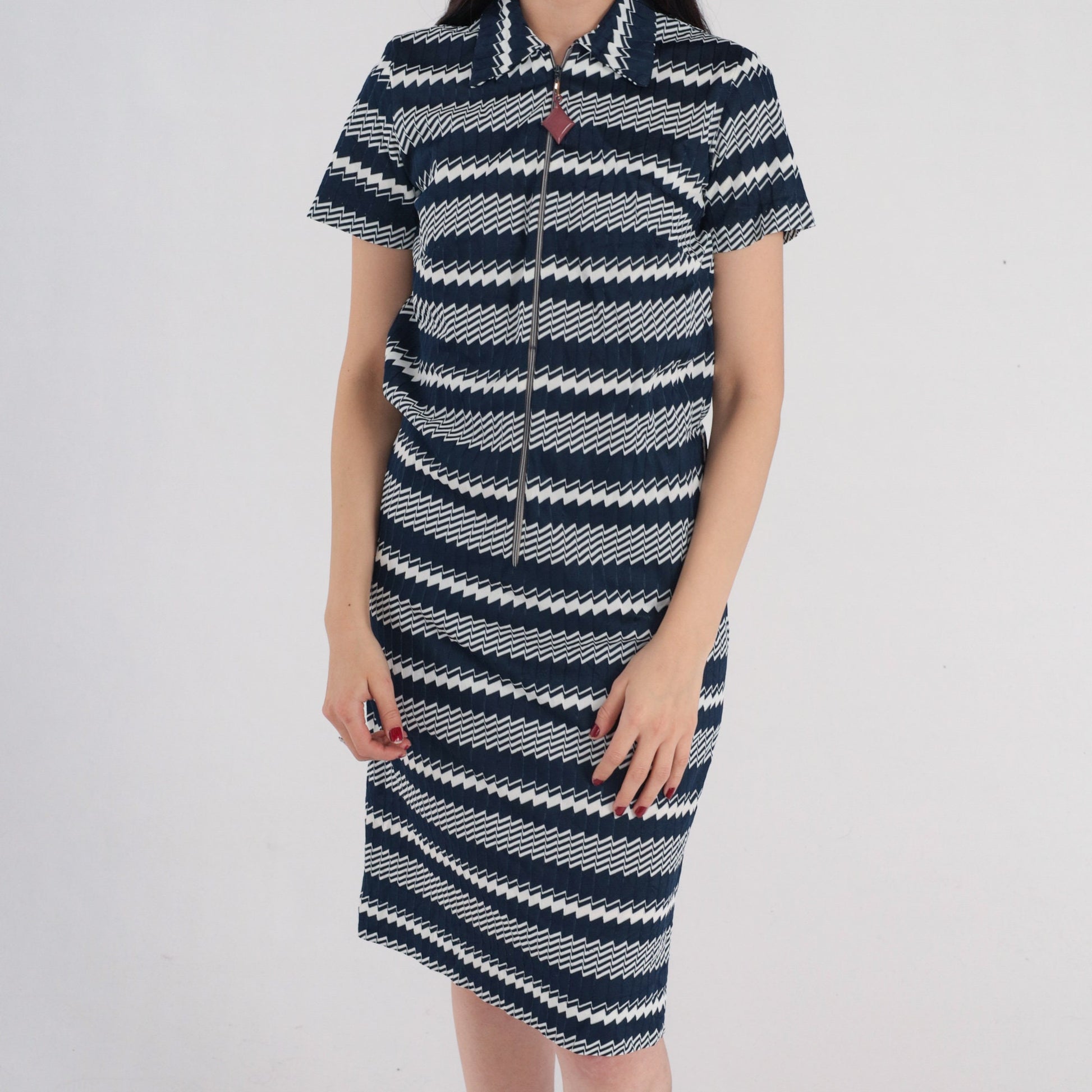 1960s Mod Dress Navy Blue White Geometric Striped Zip Front Knee Length Small