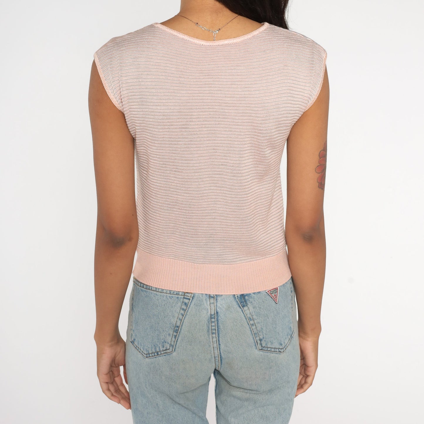 00s Pink Grey Colour Block Knit Cap Sleeve Sweater Top Extra Small