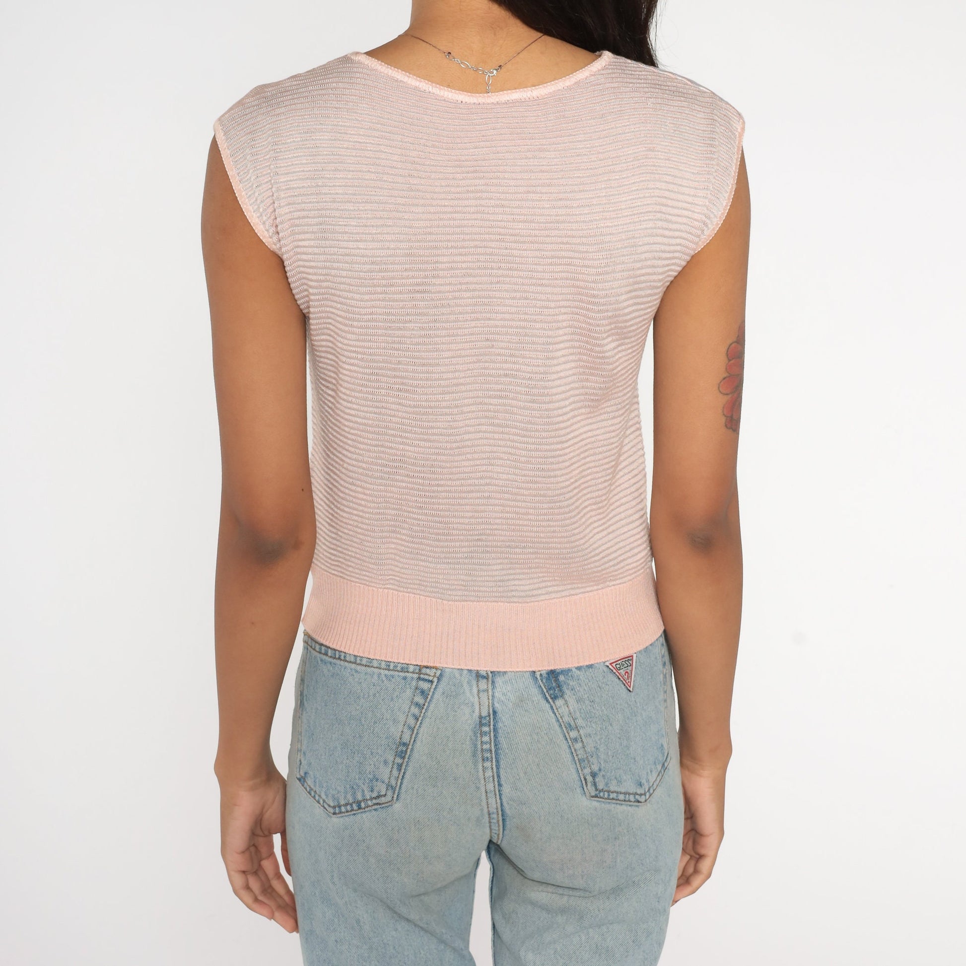 00s Pink Grey Colour Block Knit Cap Sleeve Sweater Top Extra Small