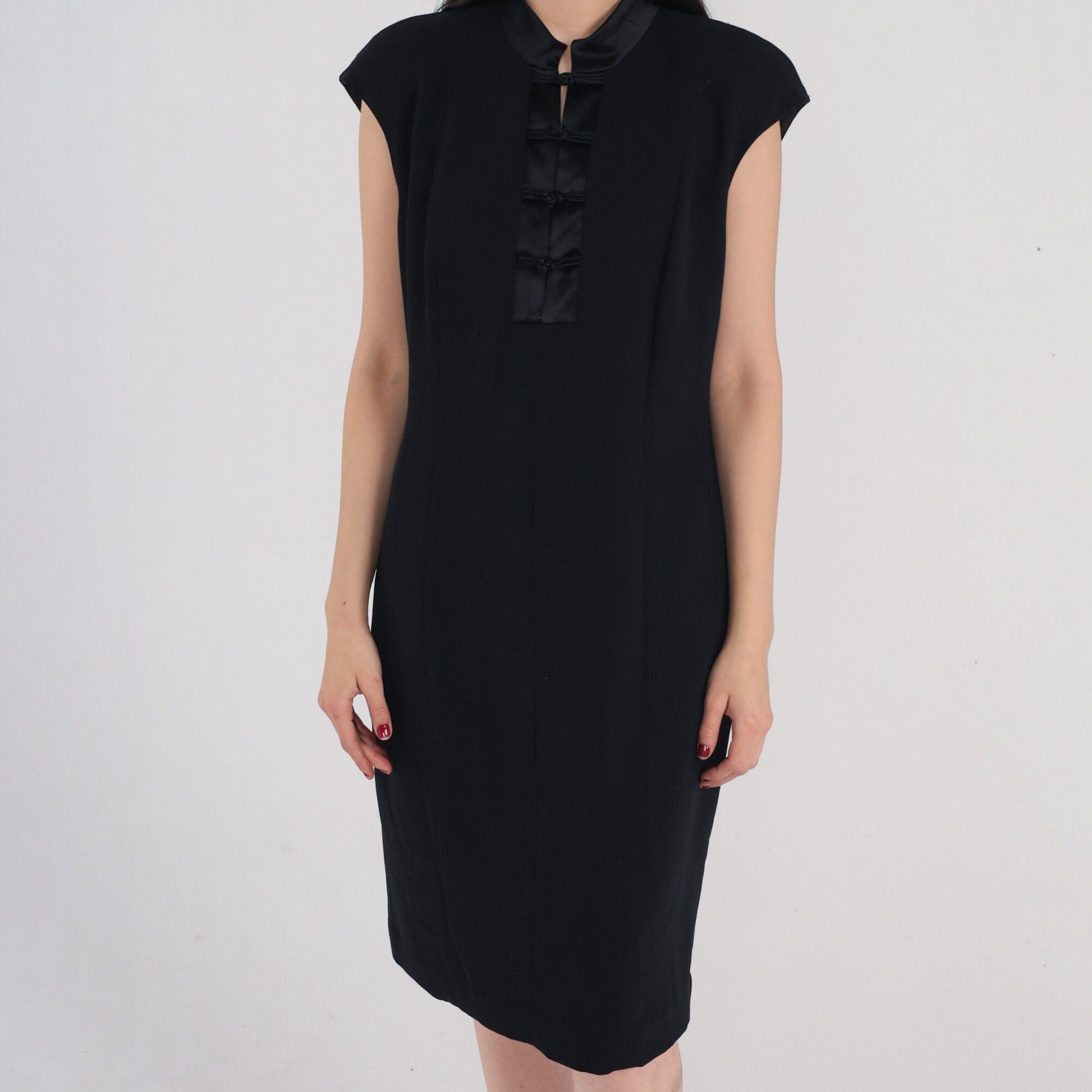 Y2K Jones New York Black Mandarin Collar Mini Dress Cap Sleeve Large 12