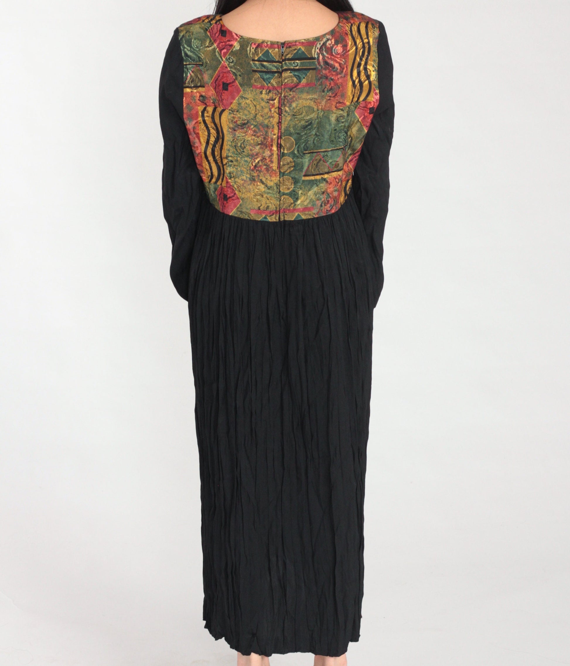 90s Black Maxi Dress with Abstract Print Attached Vest Long Sleeve Large