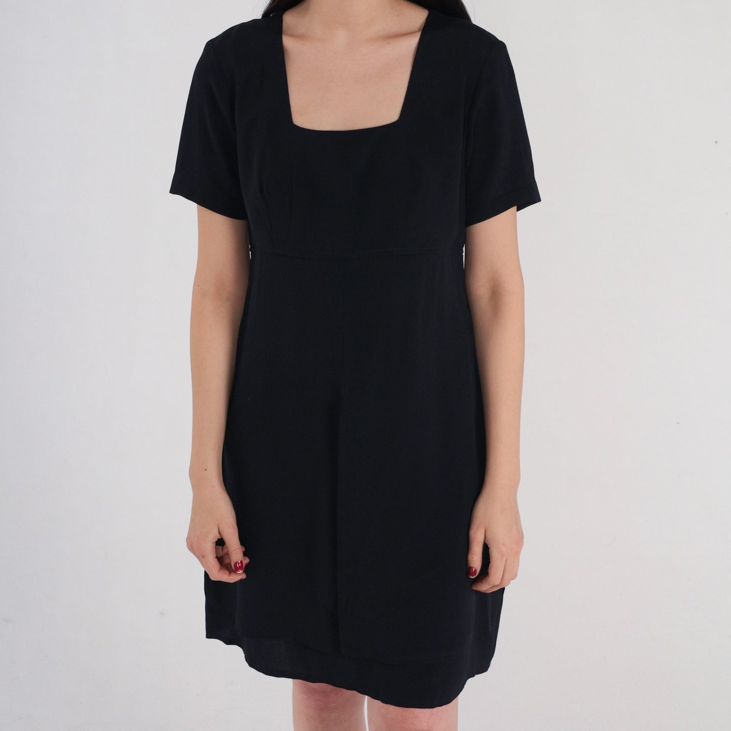 90s Black Mini Shift Dress Empire Waist Square Neckline Small 6