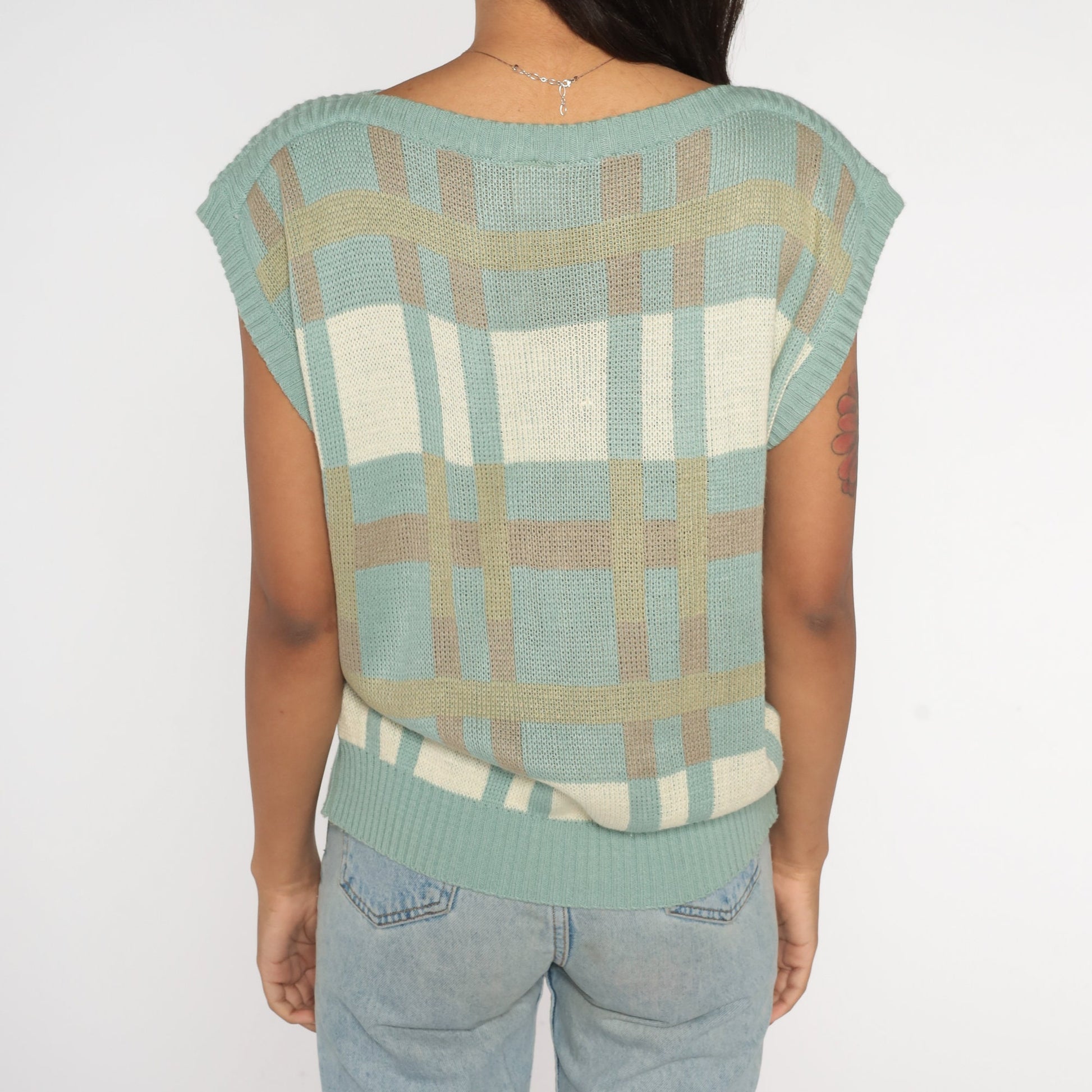 80s Bay Club Seafoam Checkered Knit Boatneck Cap Sleeve Top Medium Large