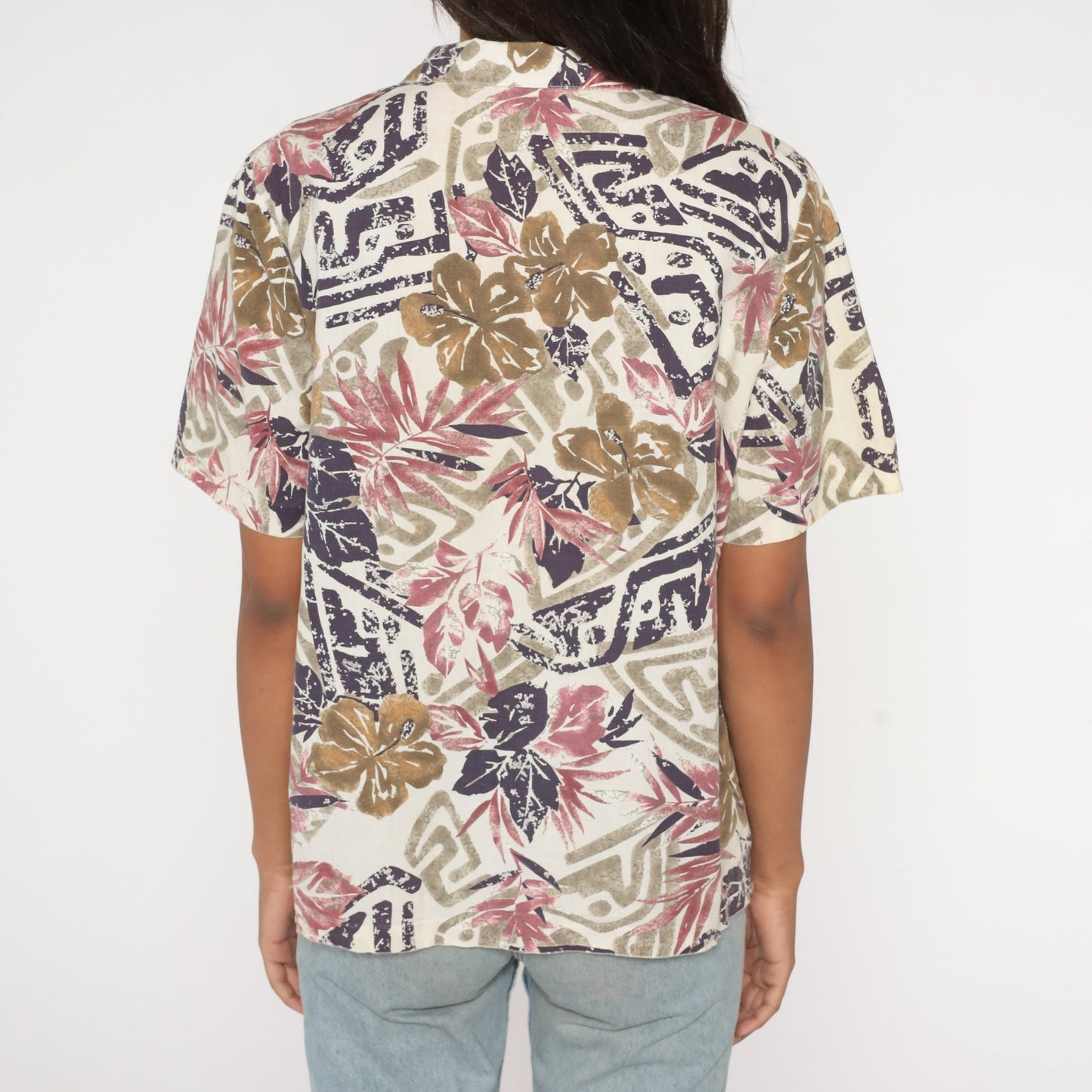 80s Tropical Floral Button-Up Blouse Off-White Purple Short Sleeve Cotton Large