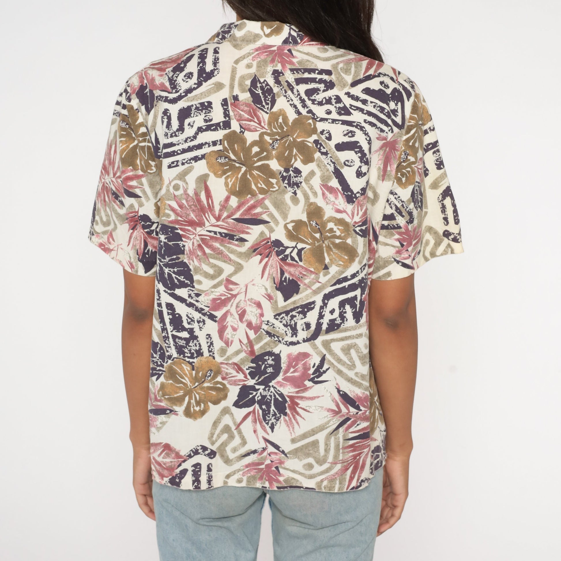 80s Tropical Floral Button-Up Blouse Off-White Purple Short Sleeve Cotton Large