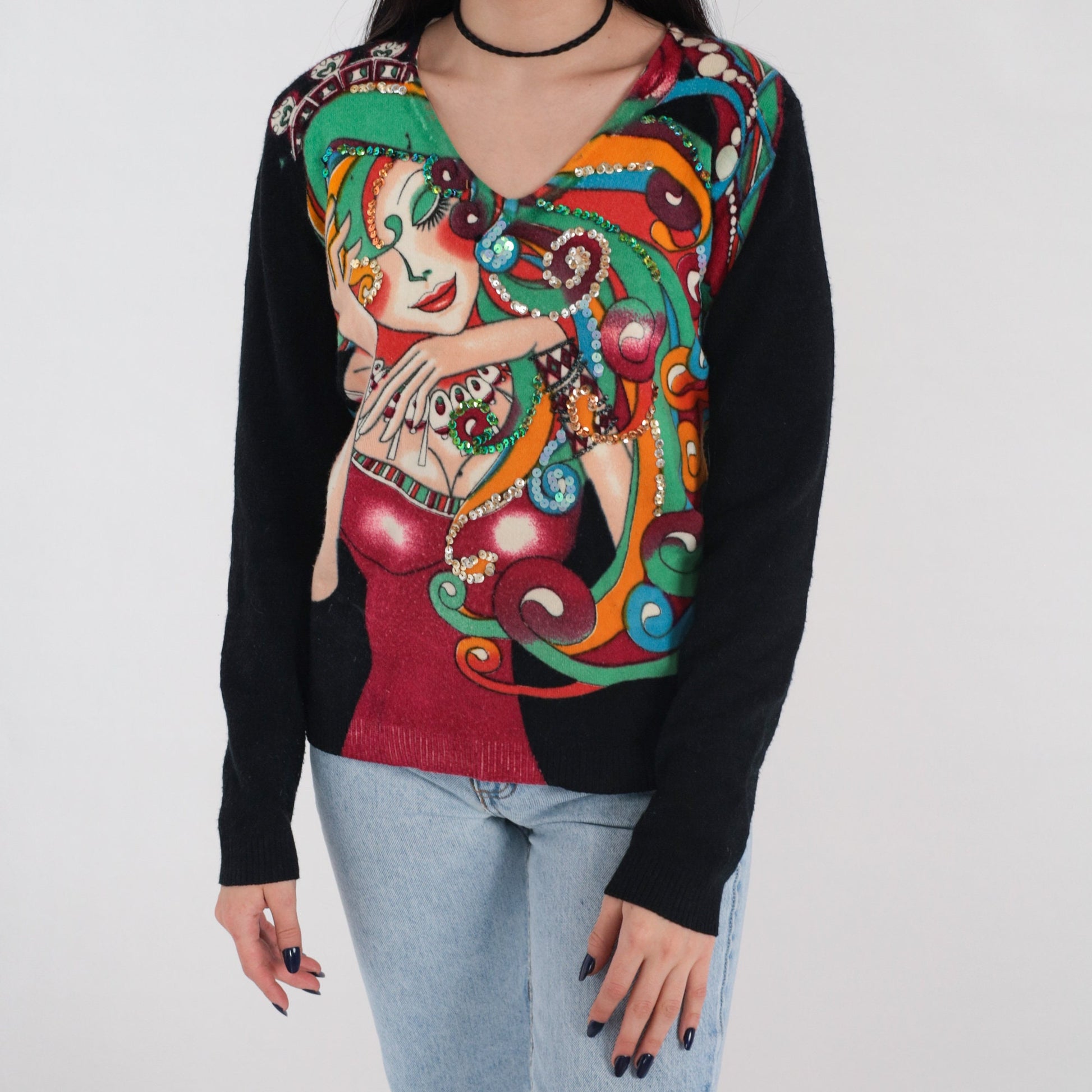 00s Sequin Fantasy Woman Graphic Pullover Sweater Black Medium M