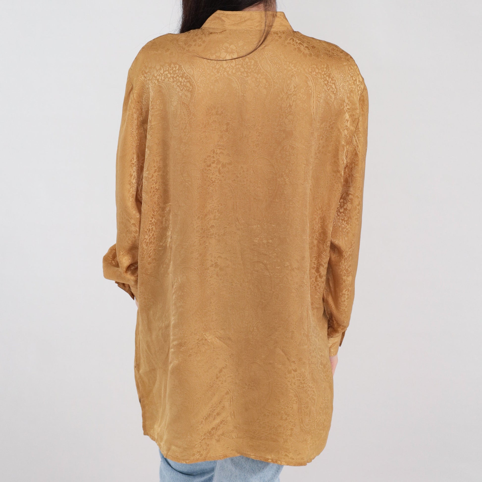 90s Gold Silk Tunic Blouse Embossed Paisley Floral Button-Up Long Sleeve Large L