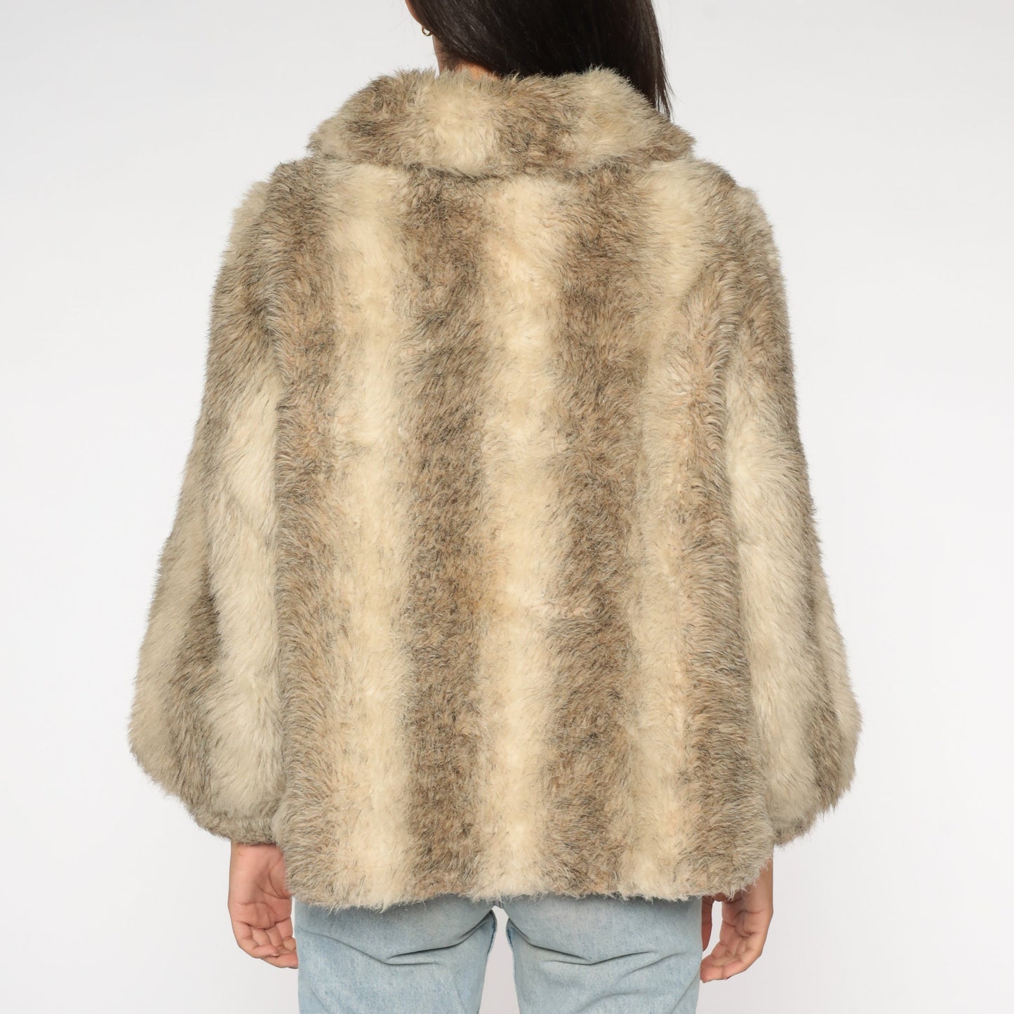70s Striped Faux Fur Coat Taupe Cream Satin Lined Winter Jacket Medium