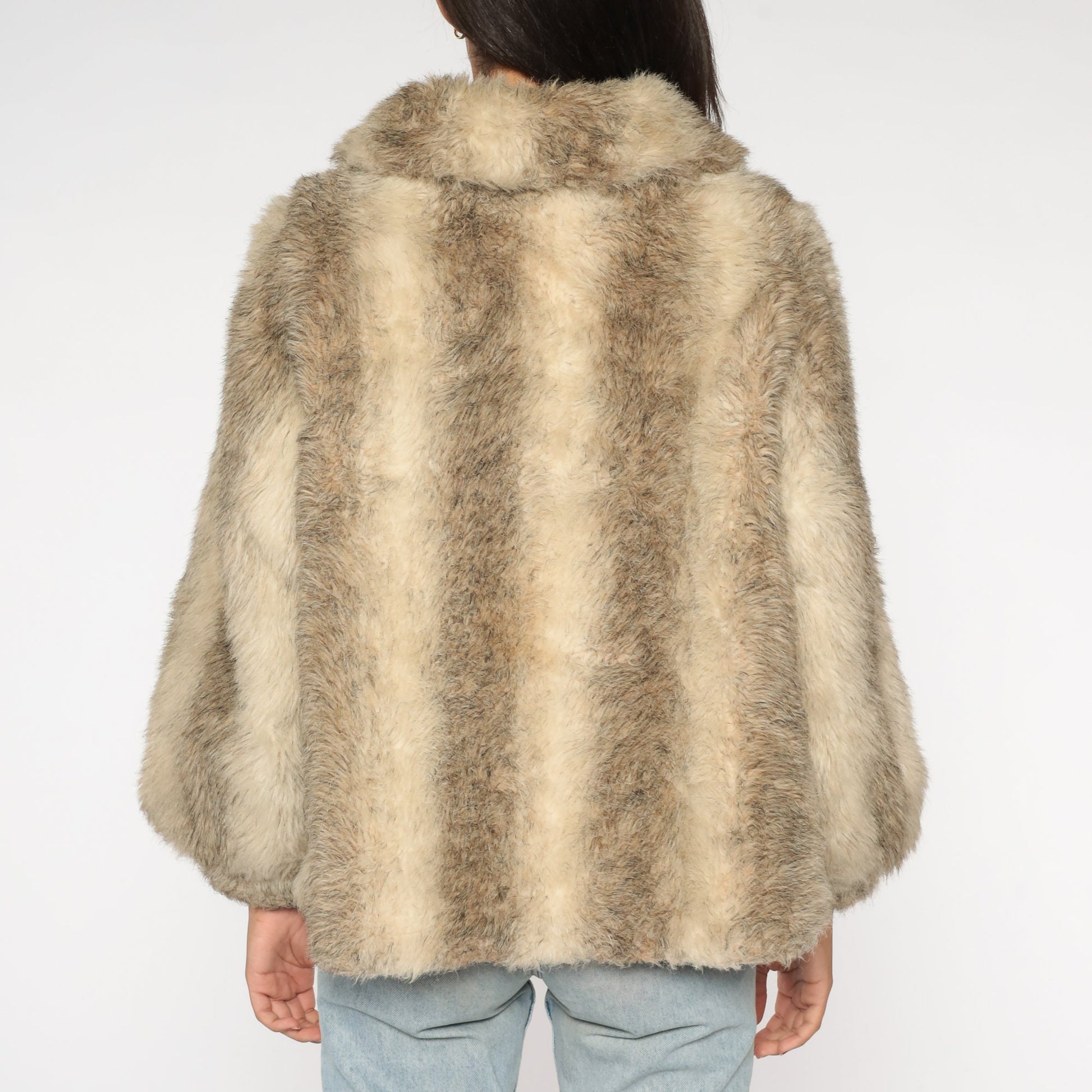 70s Striped Faux Fur Coat Taupe Cream Satin Lined Winter Jacket Medium