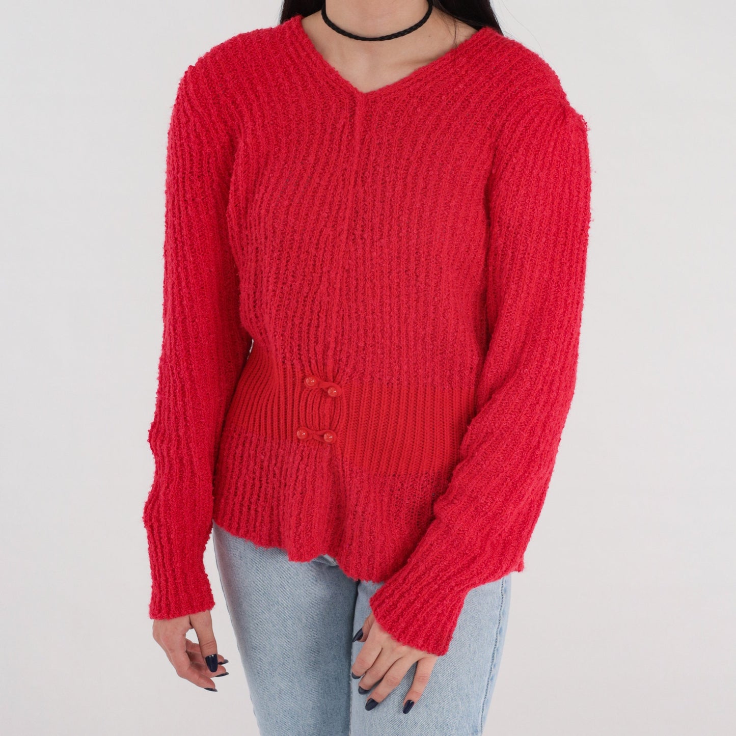 80s Red Ribbed Knit V-Neck Sweater Button Waist Medium