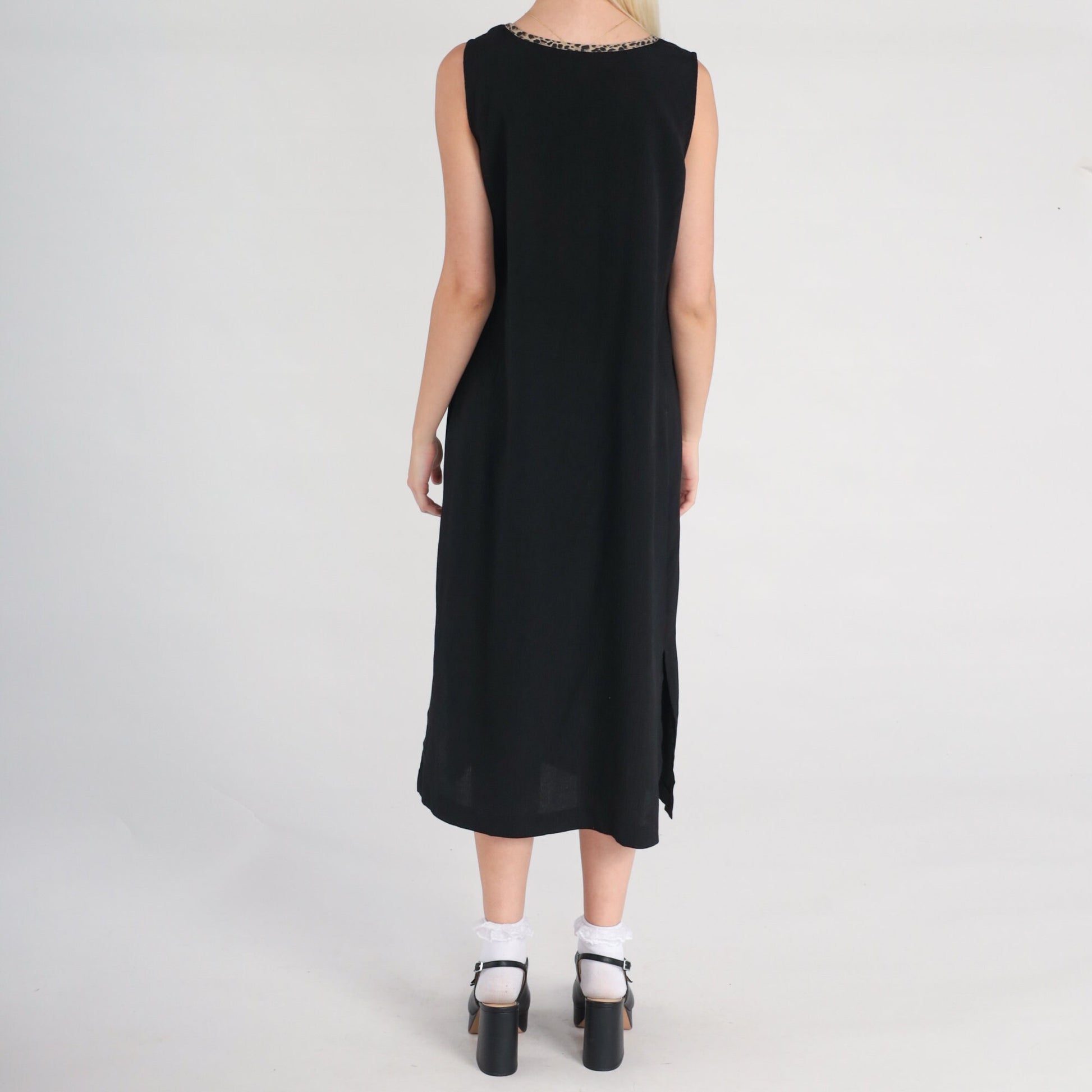 Y2K Black Frog Print Sleeveless Shift Dress Side Slit Medium 8