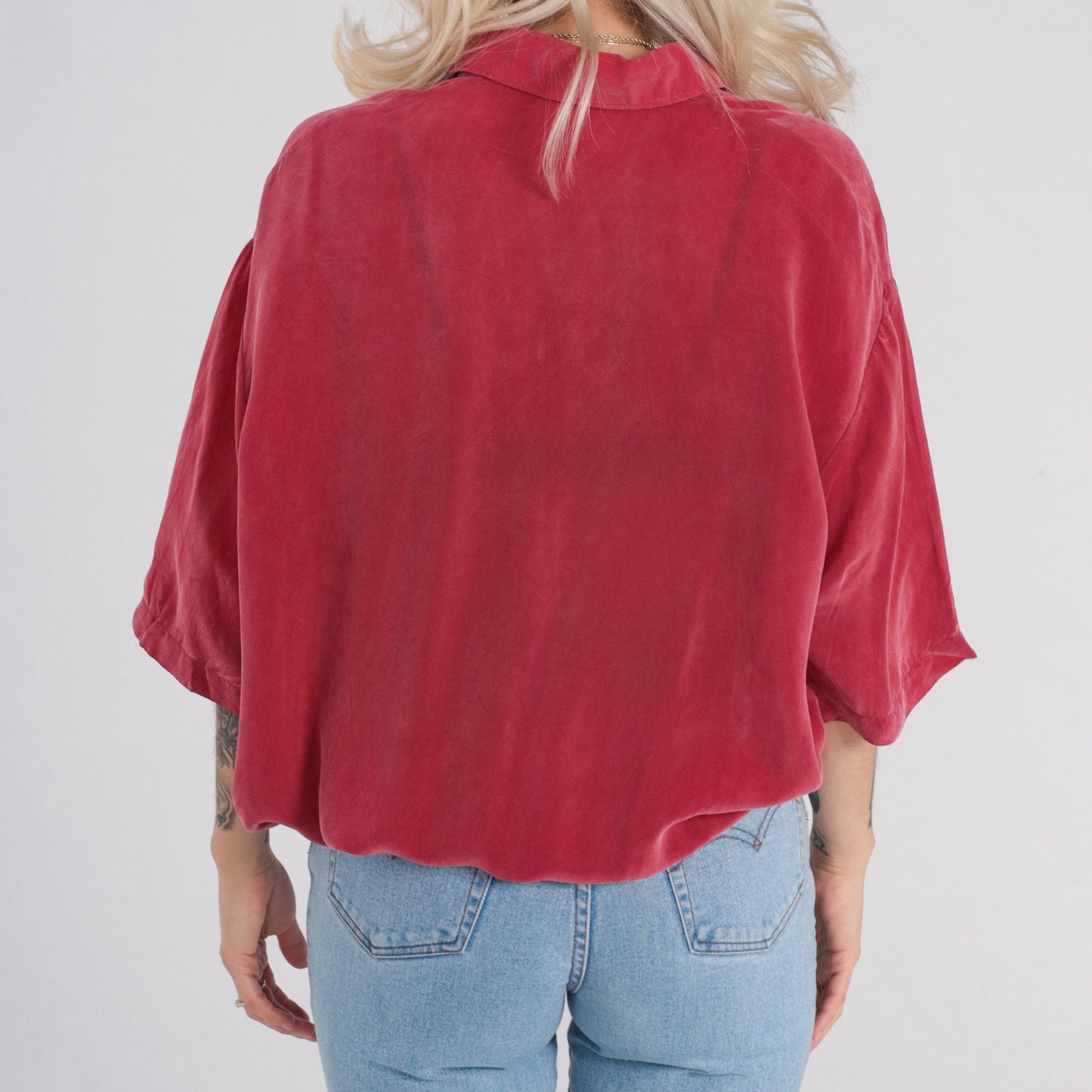 90s Red Polo Shirt Silky Rayon Half Button Collared XL