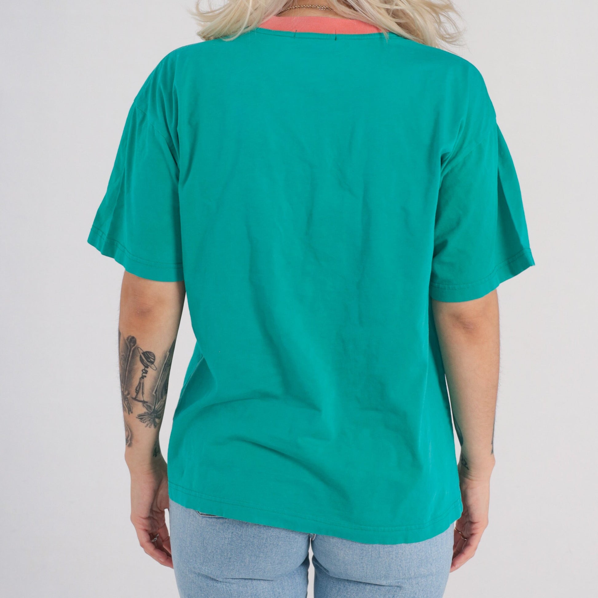 90s Giordano Embroidered Logo T-Shirt Green Navy Ringer Crewneck Medium M