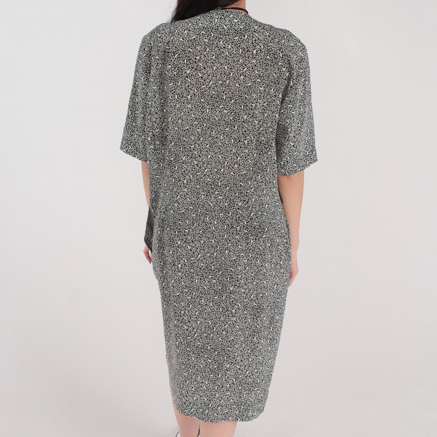 90s Liz Claiborne Black Leaf Print Midi Dress Button-Up Pockets Medium 8