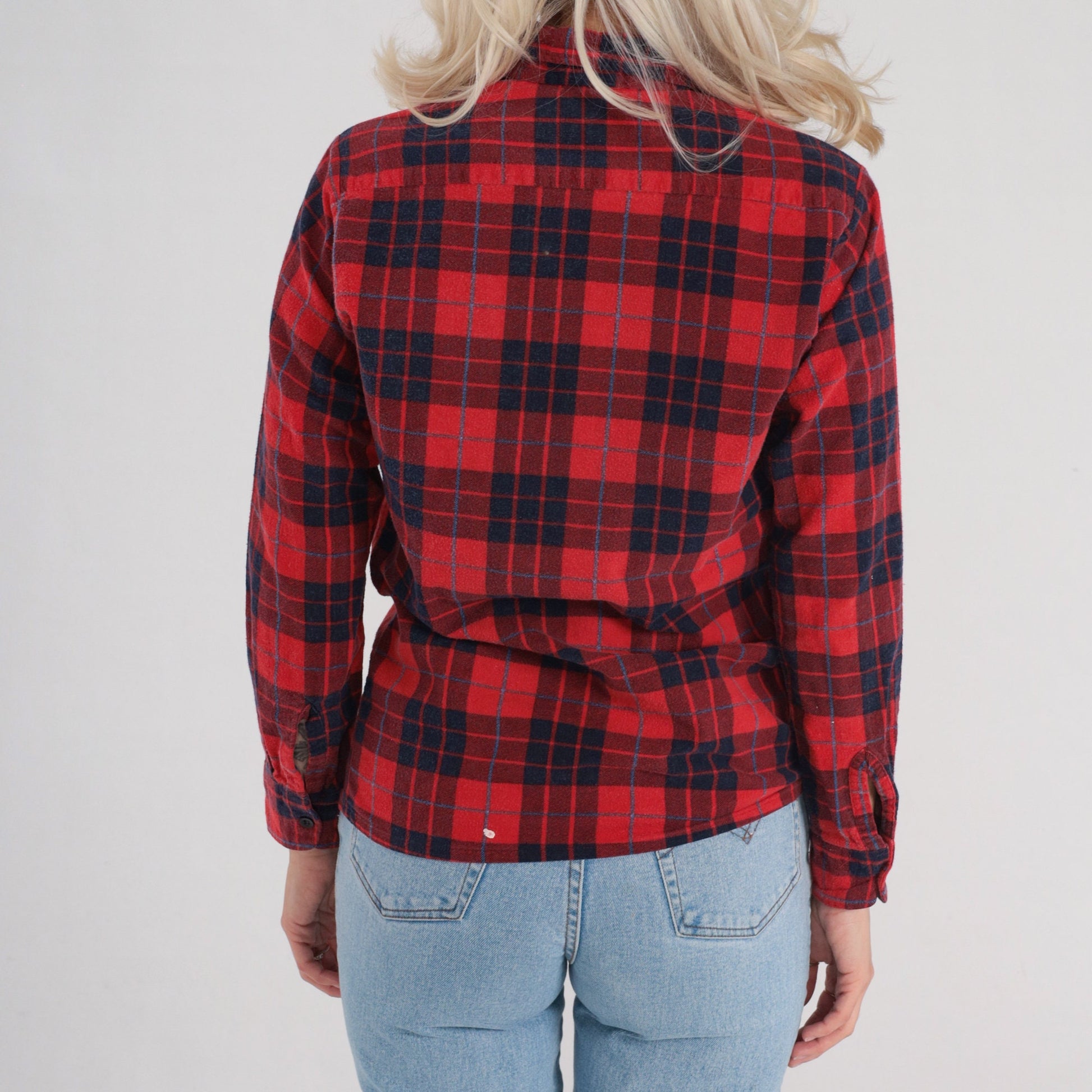 90s Red Plaid Flannel Button-Up Shirt Long Sleeve Small S
