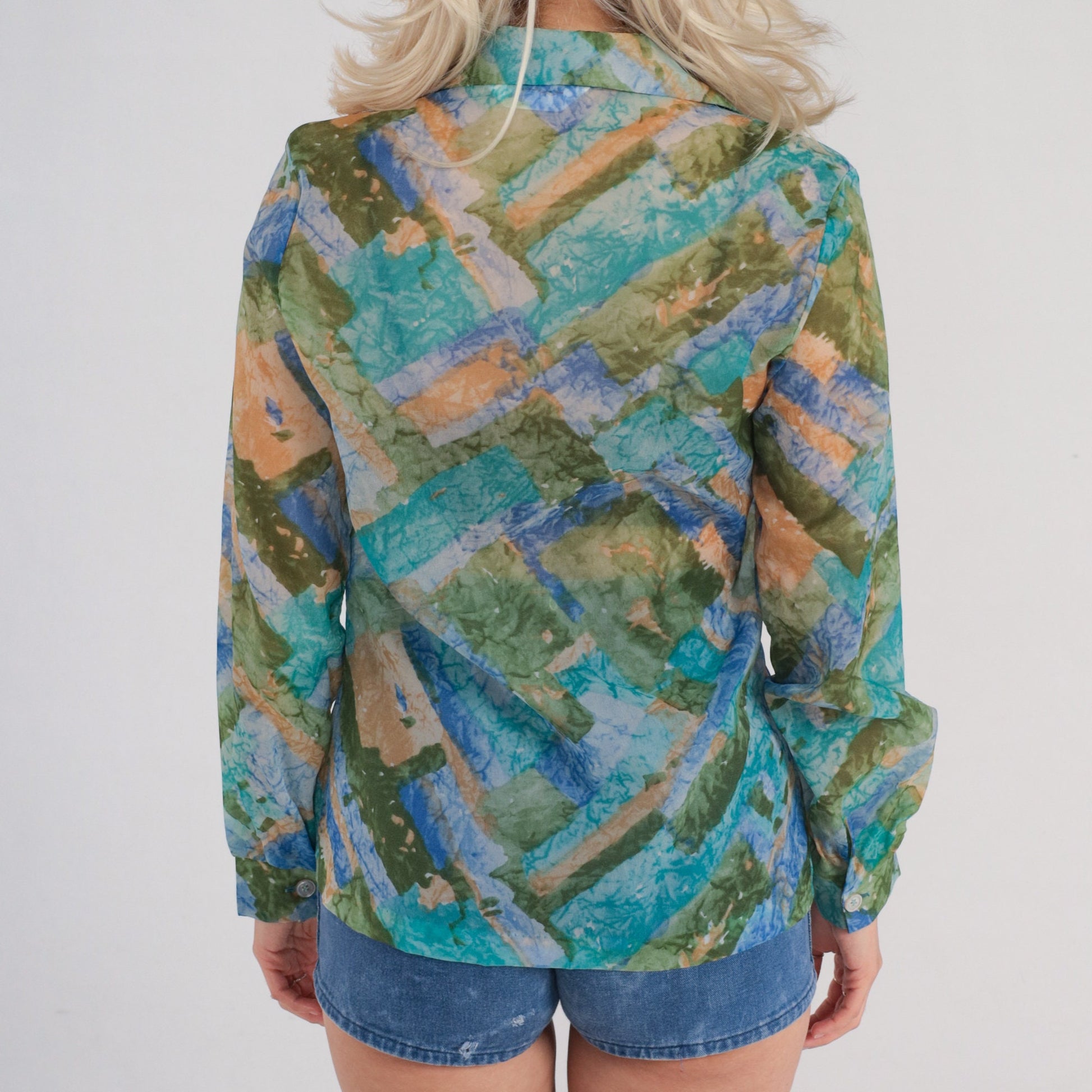 70s Sheer Dagger Collar Button Up Blouse Blue Green Abstract Print Small