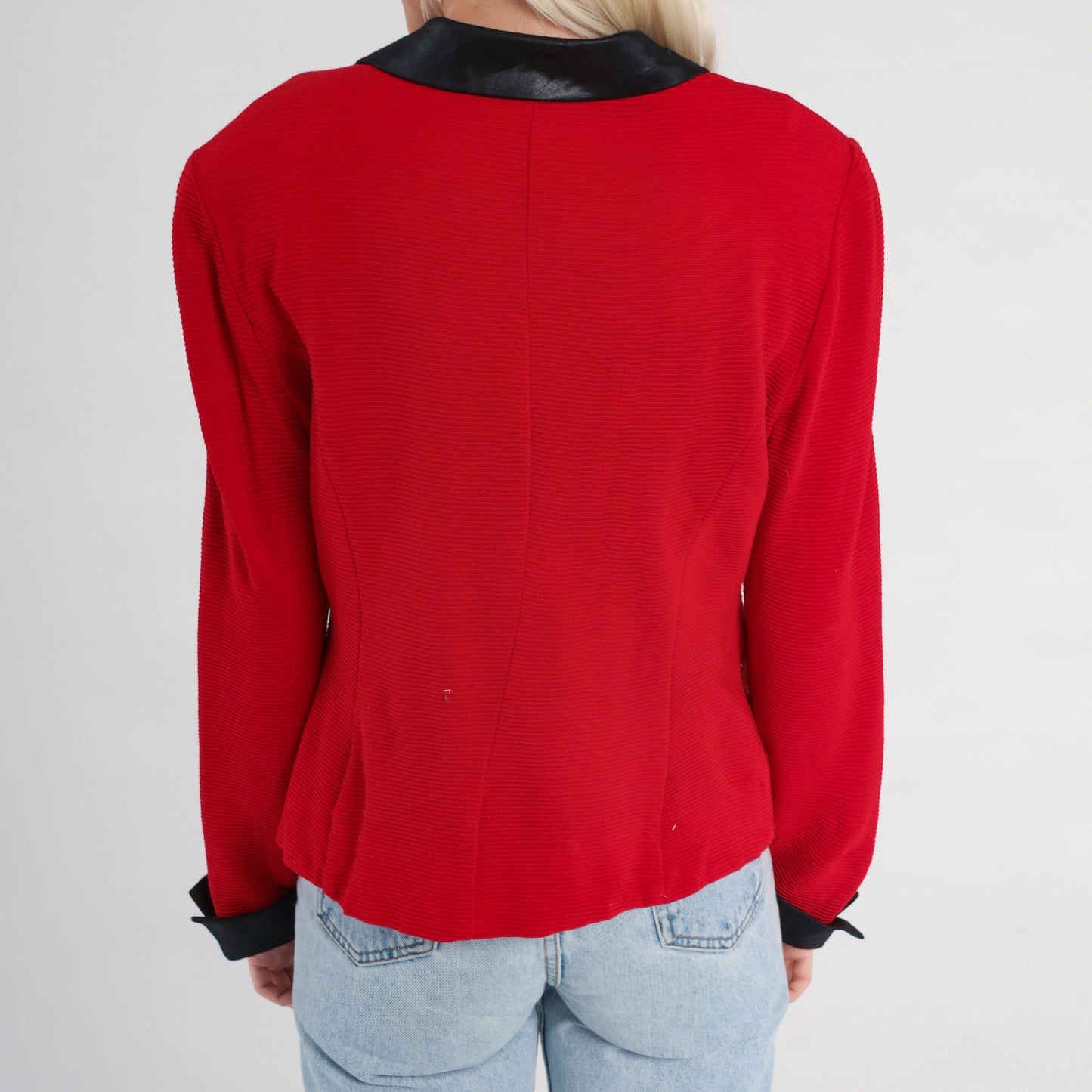 90s Red Blazer Jacket Faux Leather Collar Zip Front Medium