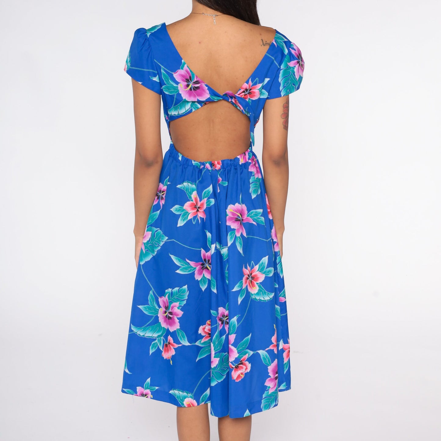 80s Tropical Floral Midi Dress Blue Keyhole Back Puff Sleeve High Waist Small