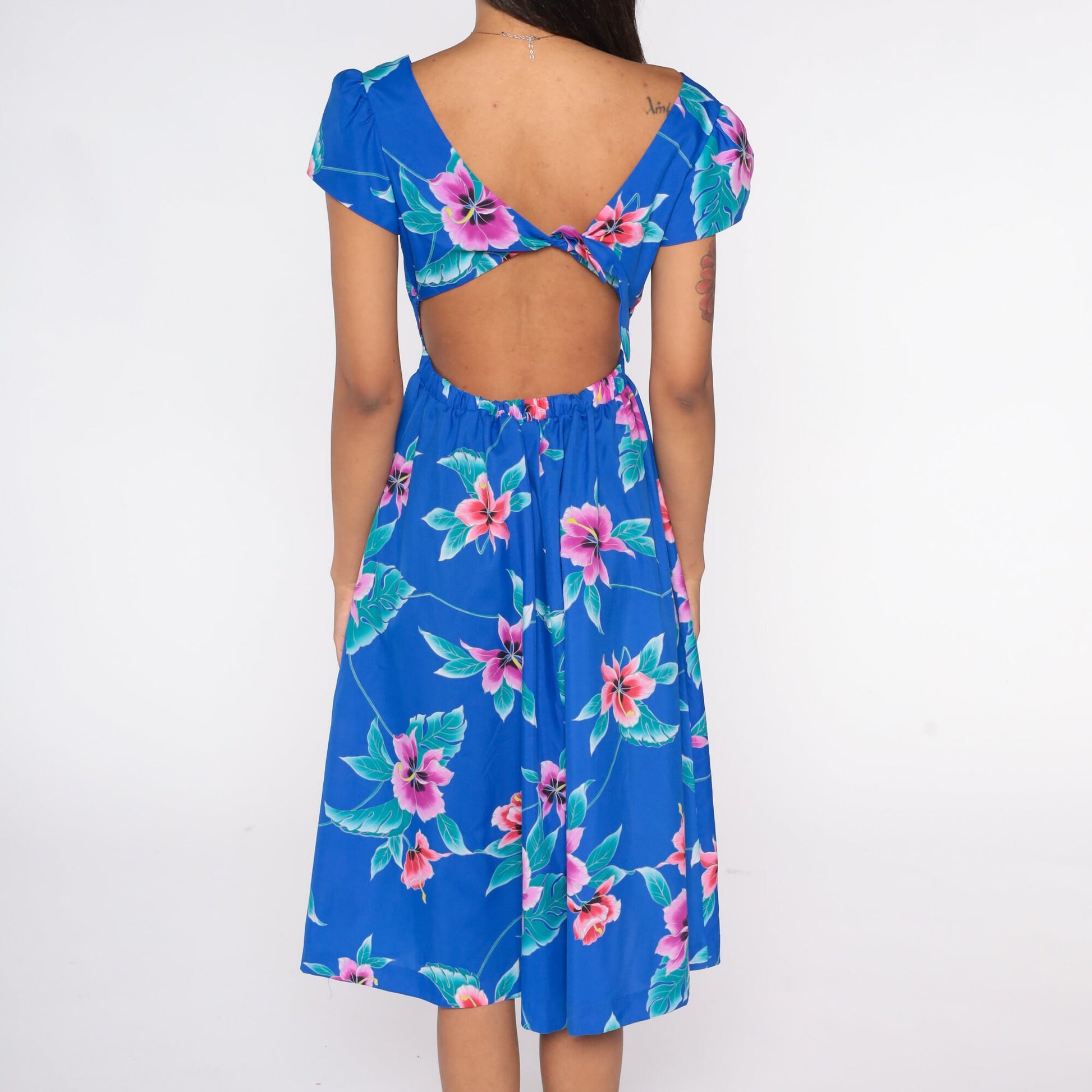 80s Tropical Floral Midi Dress Blue Keyhole Back Puff Sleeve High Waist Small