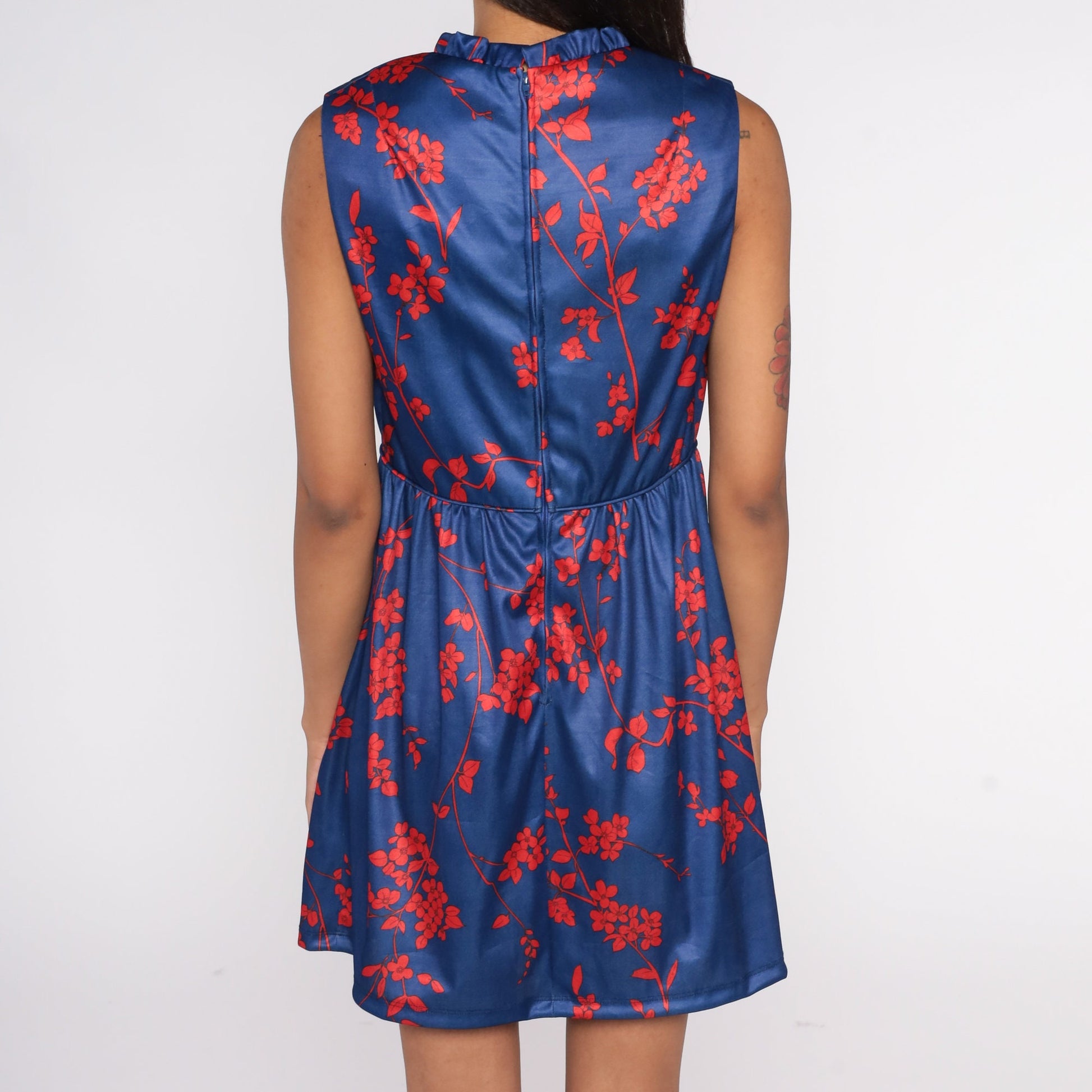 70s Emilio Borghese Babydoll Mini Dress Blue Floral Empire Waist Small