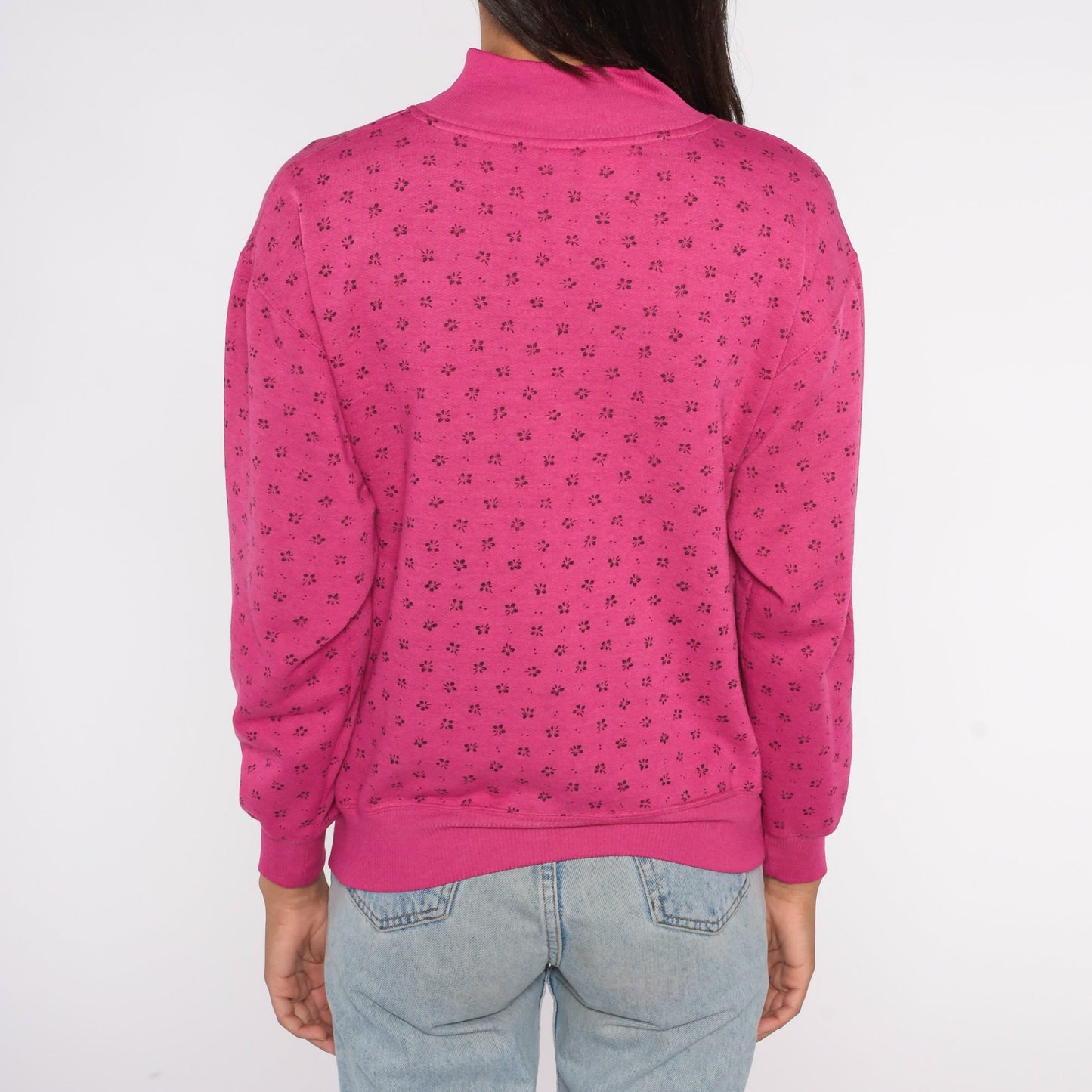 80s Floral All Over Print Sweatshirt Pink Mock Neck Medium