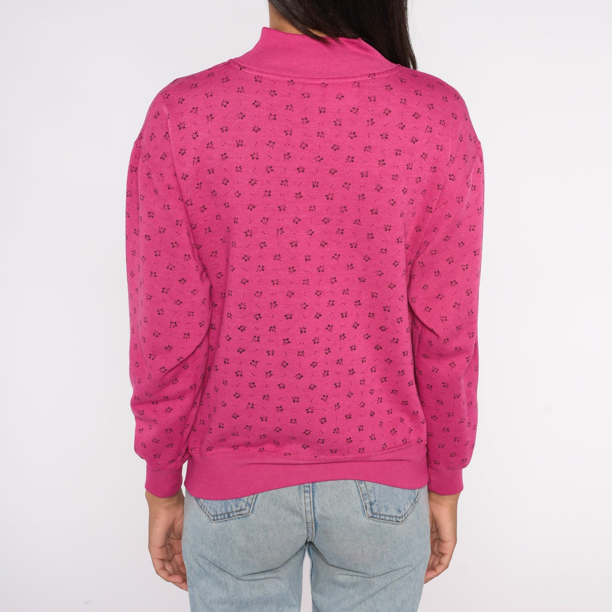 80s Floral All Over Print Sweatshirt Pink Mock Neck Medium